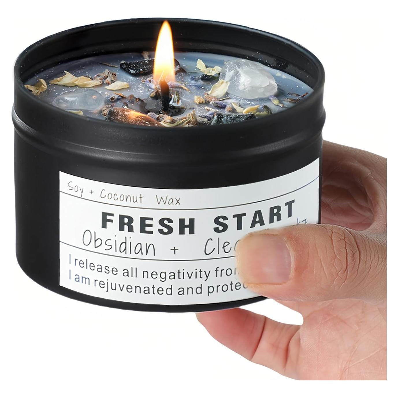 Vela Aromaterapia Vegana 8 oz Obsidiana Cuarzo Nuevo Comienzo