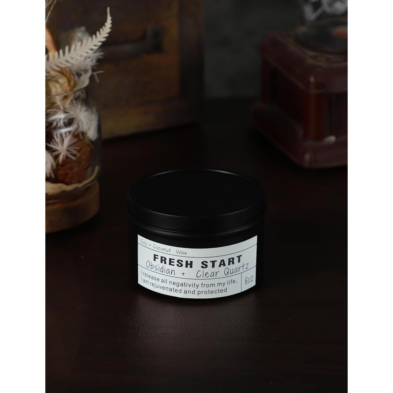 Vela Aromaterapia Vegana 8 oz Obsidiana Cuarzo Nuevo Comienzo