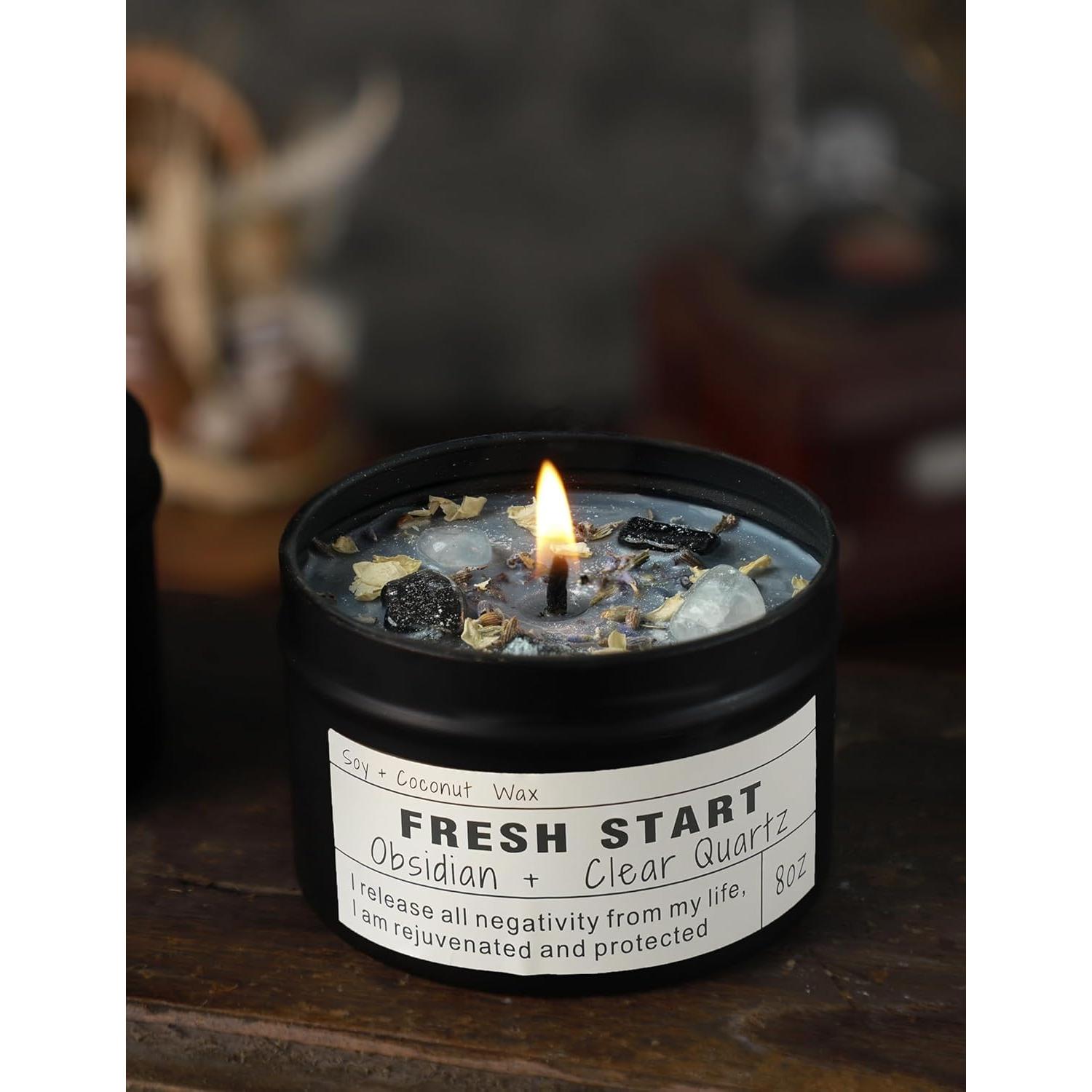 Vela Aromaterapia Vegana 8 oz Obsidiana Cuarzo Nuevo Comienzo