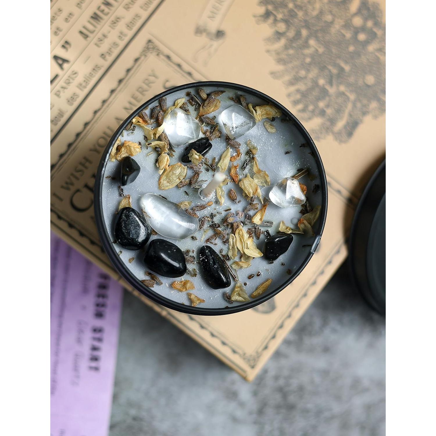 Vela Aromaterapia Vegana 8 oz Obsidiana Cuarzo Nuevo Comienzo