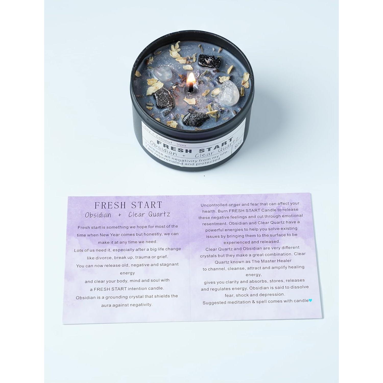 Vela Aromaterapia Vegana 8 oz Obsidiana Cuarzo Nuevo Comienzo