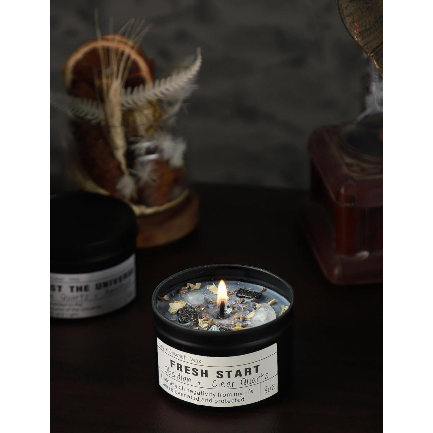 Vela Aromaterapia Vegana 8 oz Obsidiana Cuarzo Nuevo Comienzo