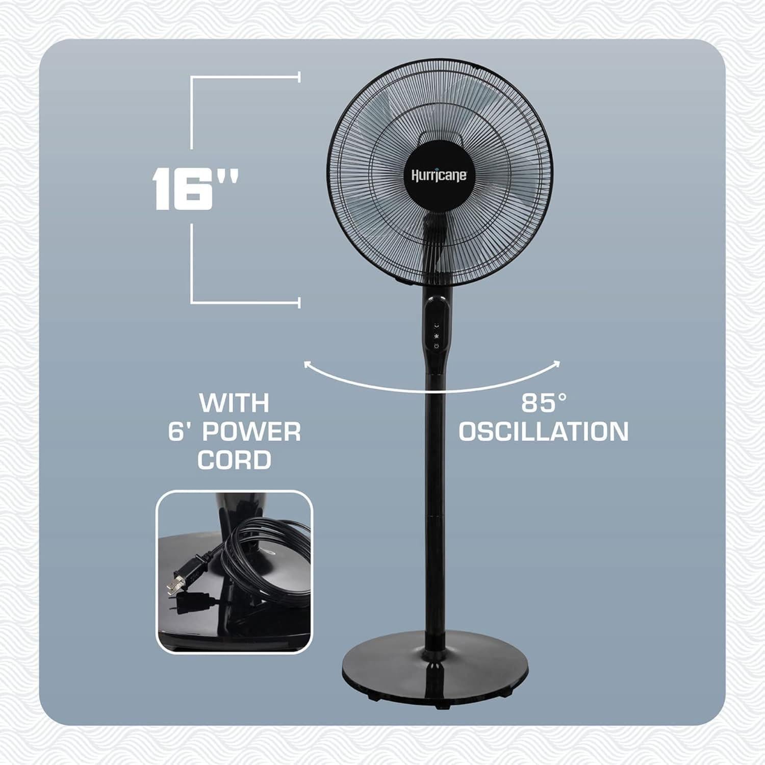 Hurricane Oscillating Pedestal Stand Fan, 12-Speed Cooling Unit, 16", Black - With Remote Control, Adjustable Tilt & Height, for Home, Bedroom, Office & Dorm