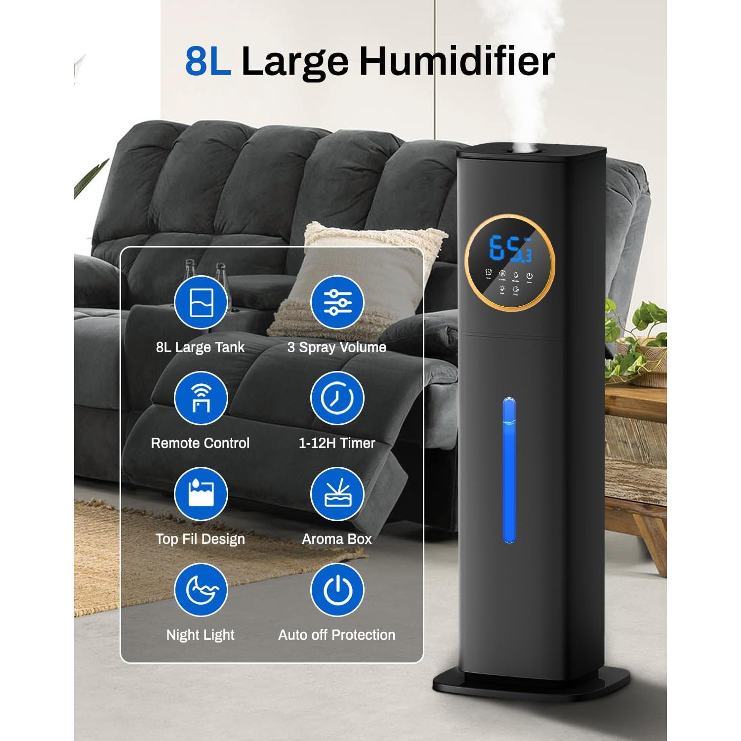 Humidificador Lacidoll 8L con Luz Nocturna y Difusor de Aromas