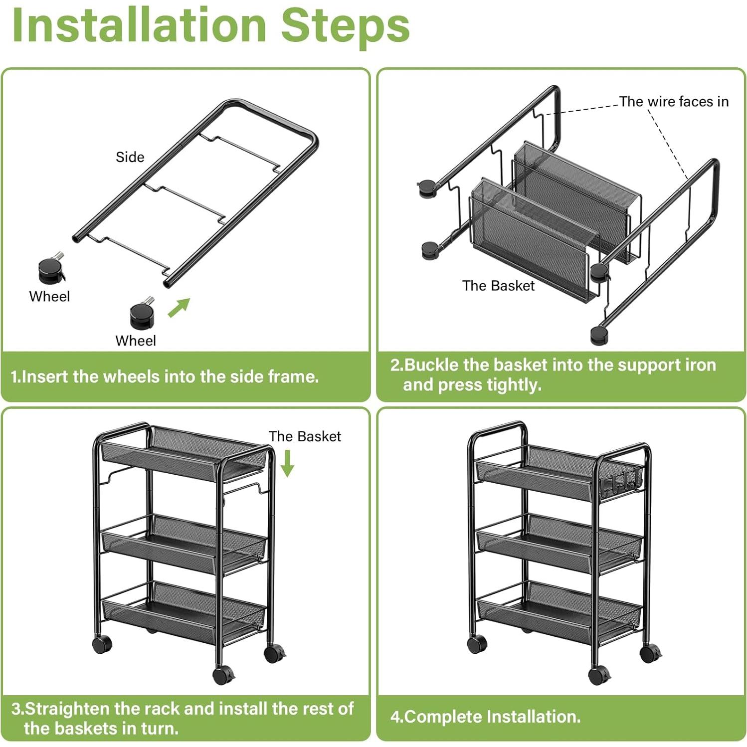 Carro de Almacenamiento JANE EYRE 3 Niveles Negro con Ruedas