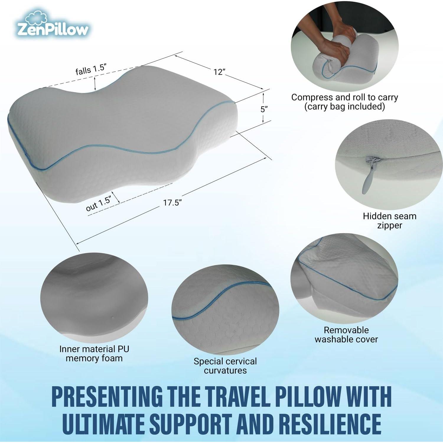 Almohada de Viaje Cervical ZenPillow - Espuma Viscoelástica 44.5x30.5cm