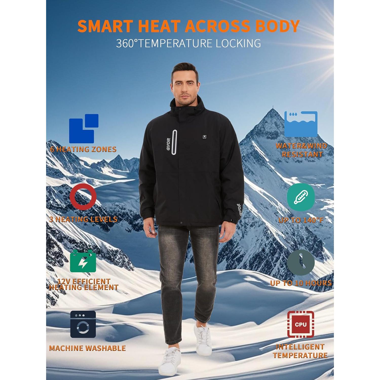 Chaqueta Calentada Eléctrica para Hombres 12V con Capucha Desmontable