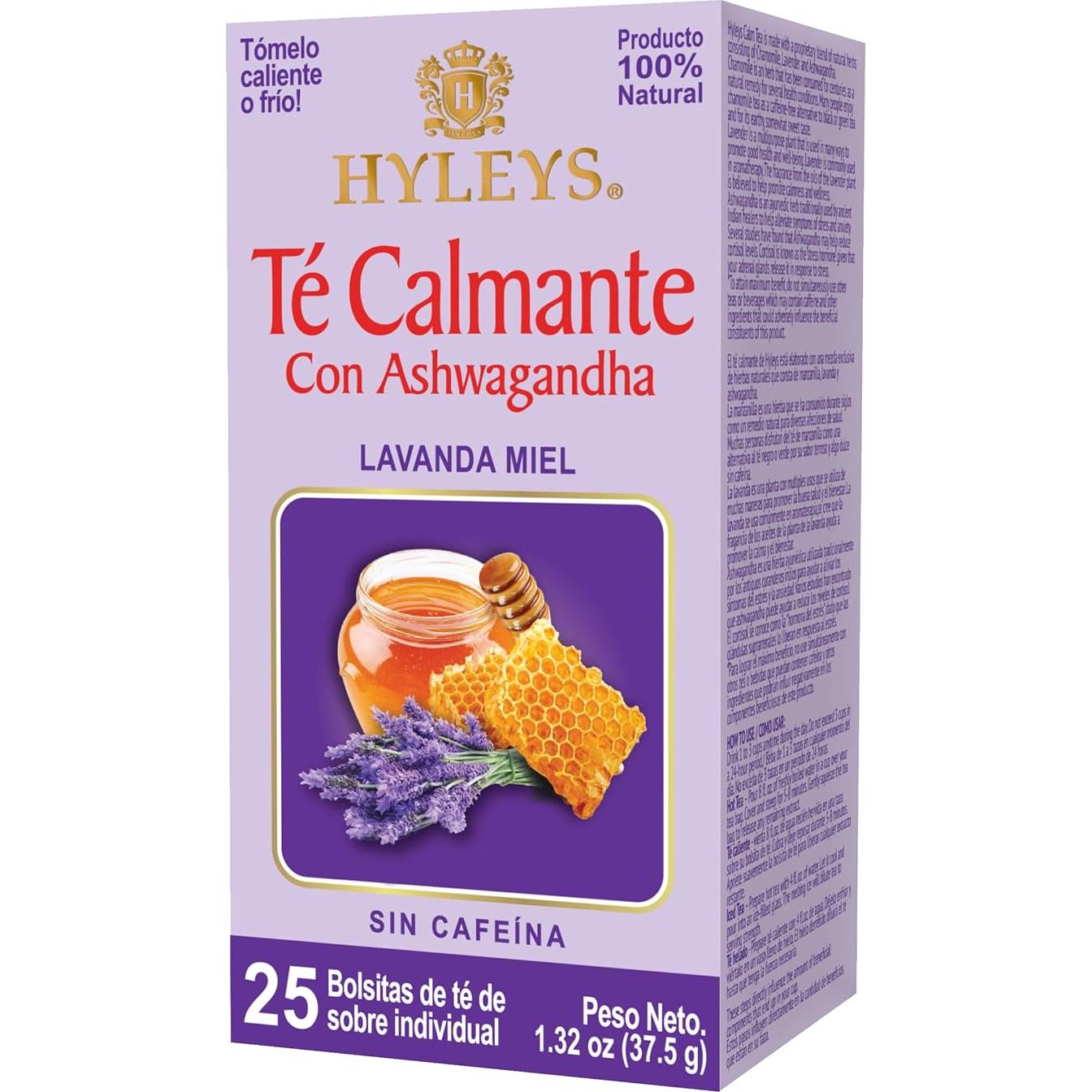 Té Calm Hyleys con Ashwagandha - Sabor Lavanda y Miel - 25 Bolsitas