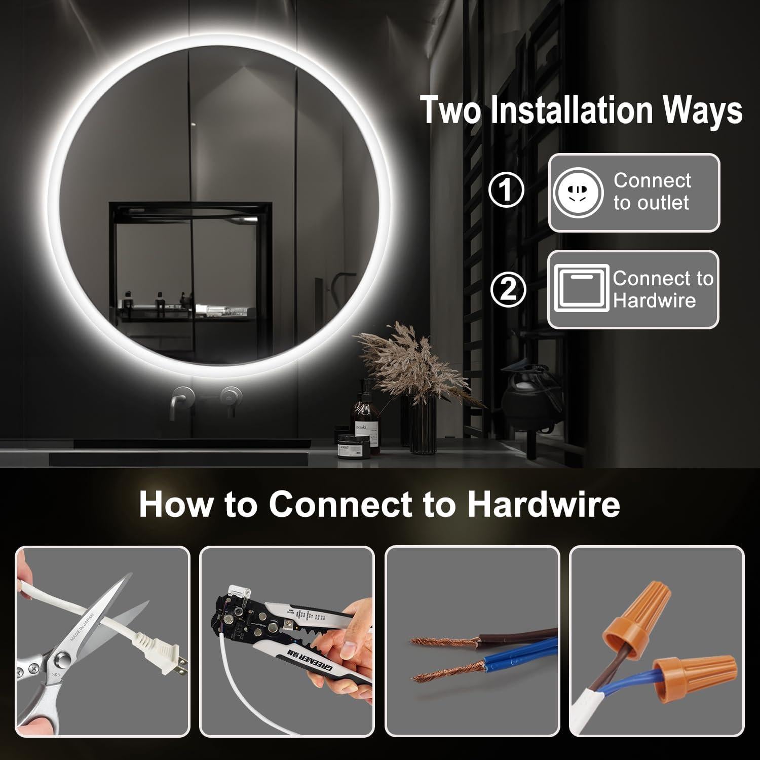 Espejo de Baño LED S'bagno 24" Redondo con Bluetooth y Anti-Niebla