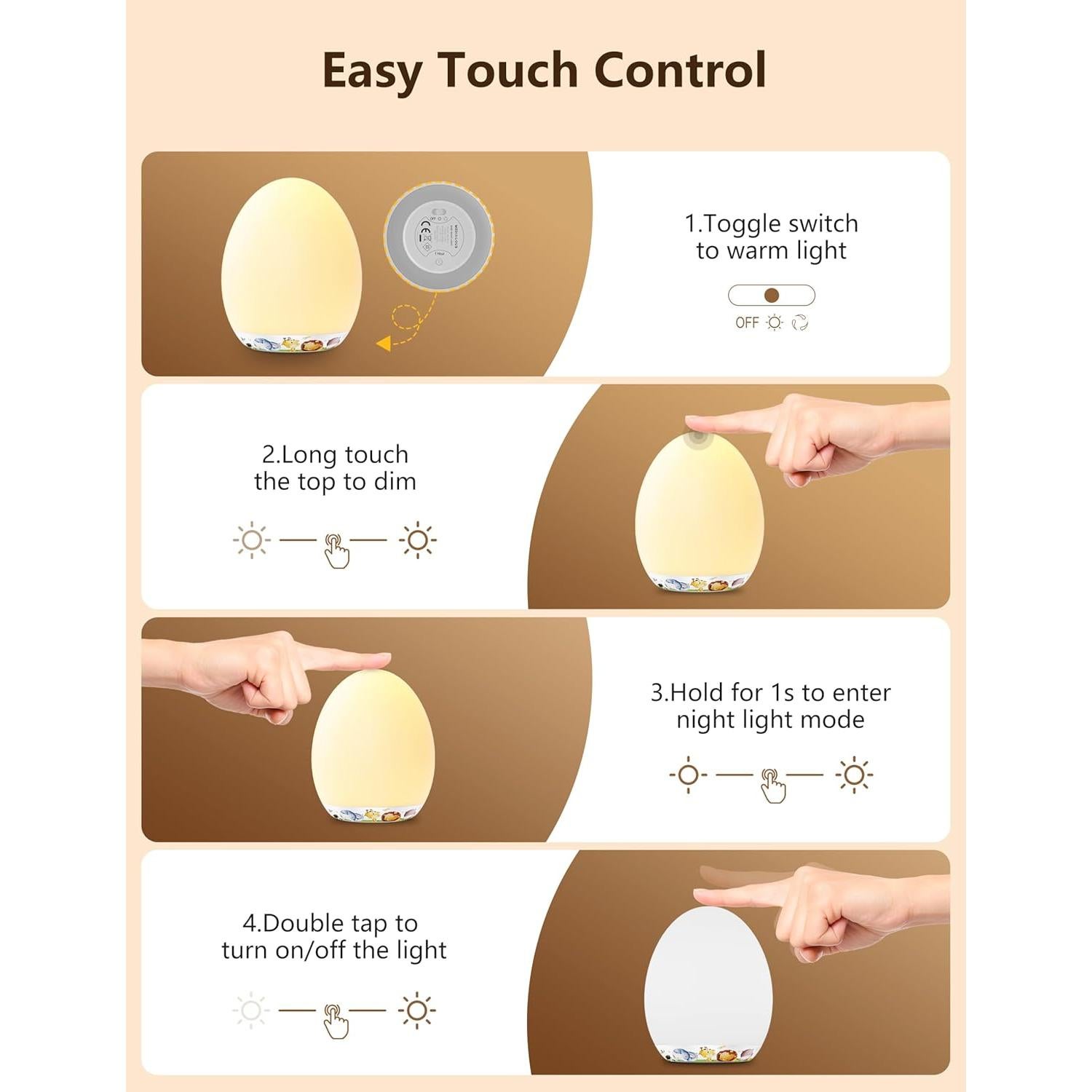 Luz Nocturna MediAcous LED Ovalada Táctil 7 Colores para Bebés