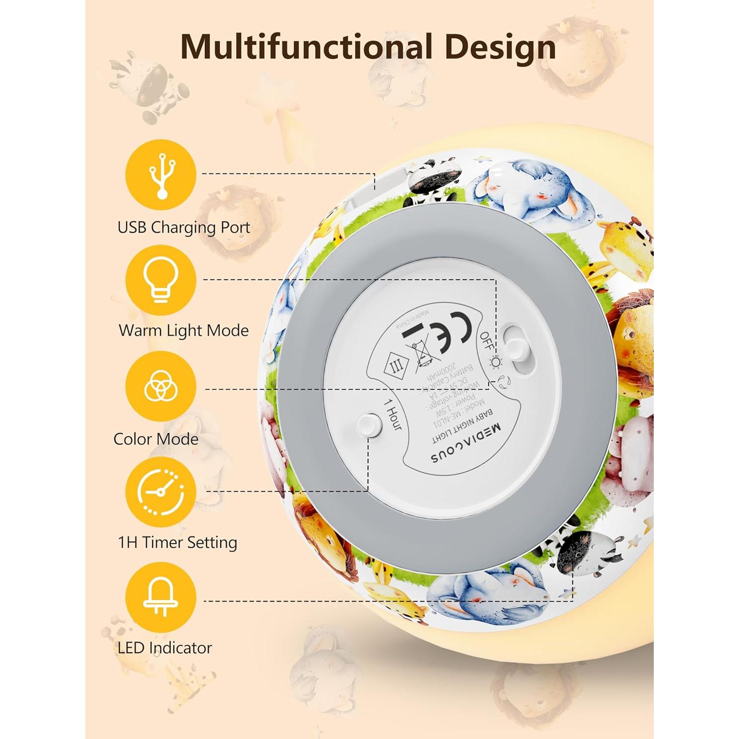 Luz Nocturna MediAcous LED Ovalada Táctil 7 Colores para Bebés