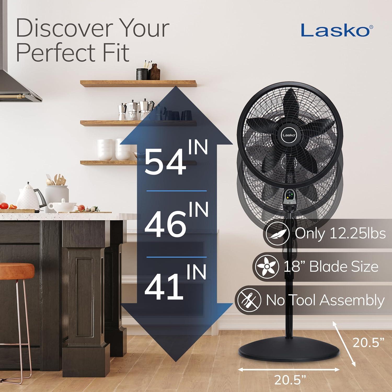 Ventilador de pedestal Lasko 1843, 3 velocidades, control remoto, 45.72 cm