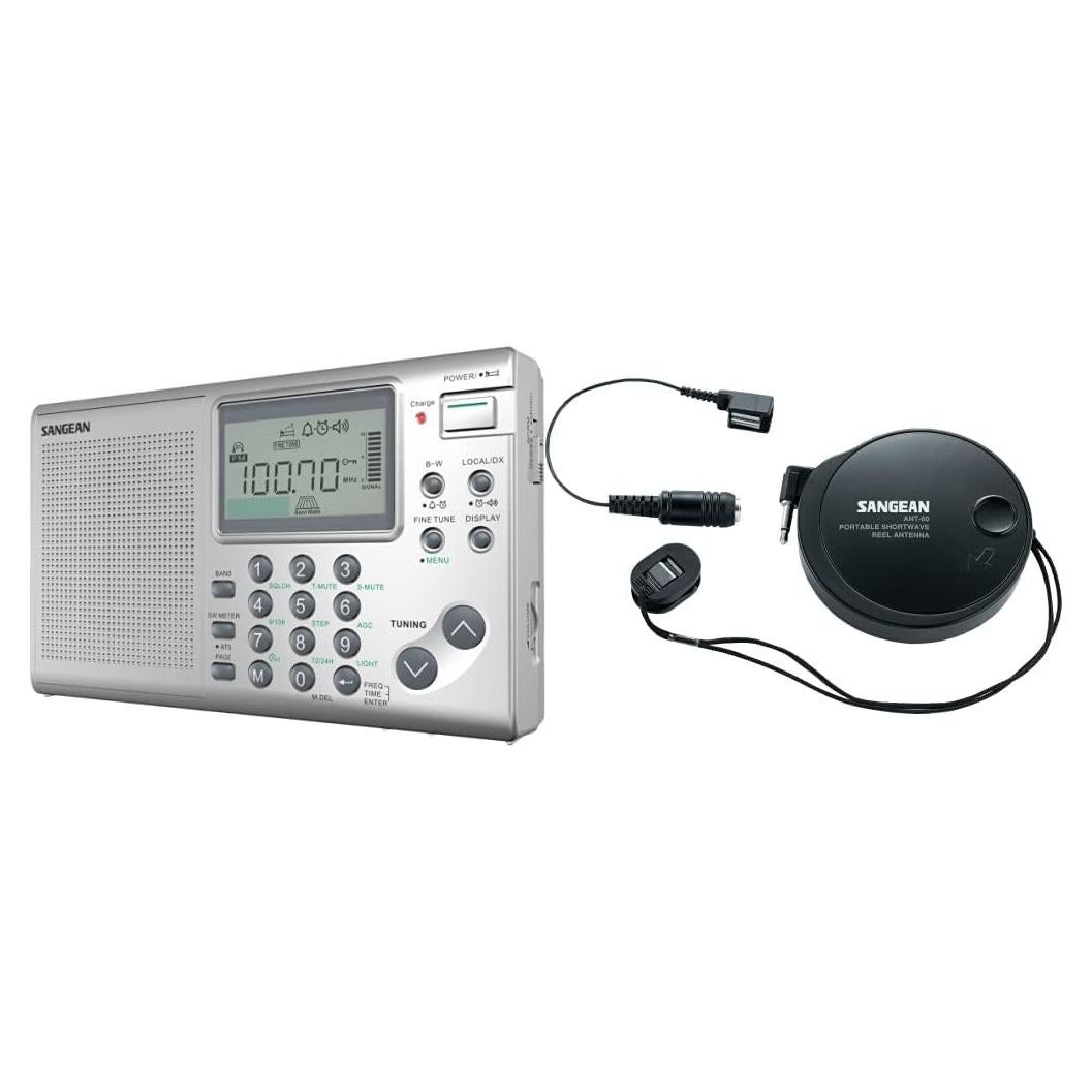 Sangean ATS-405 FM-Stereo/AM/Short Wave World Band Receiver (Silver) and Sangean ANT-60 Short Wave Antenna Bundle