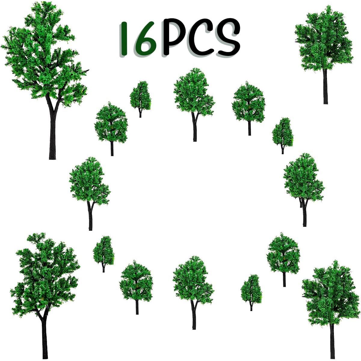 Folmywy 16 Pcs Miniature Model Trees 1.77 to 5.83 Inch Green Mixed Mini Fake Diorama Tree Landscape Scenery Supplies for DIY Crafts Wargame Train Railroad Accessories