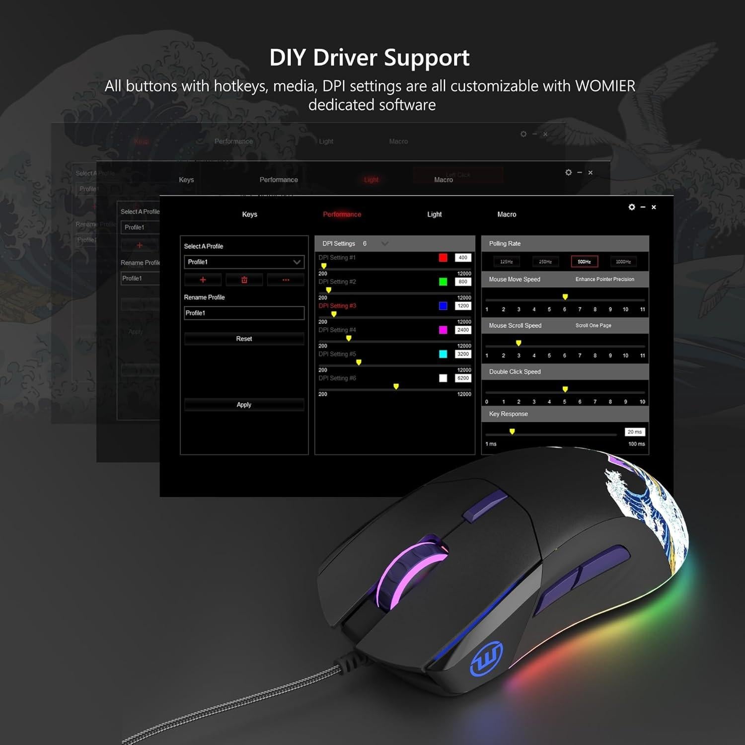 Ratón Gaming Womier Kanagawa RGB con Cable 12000 DPI