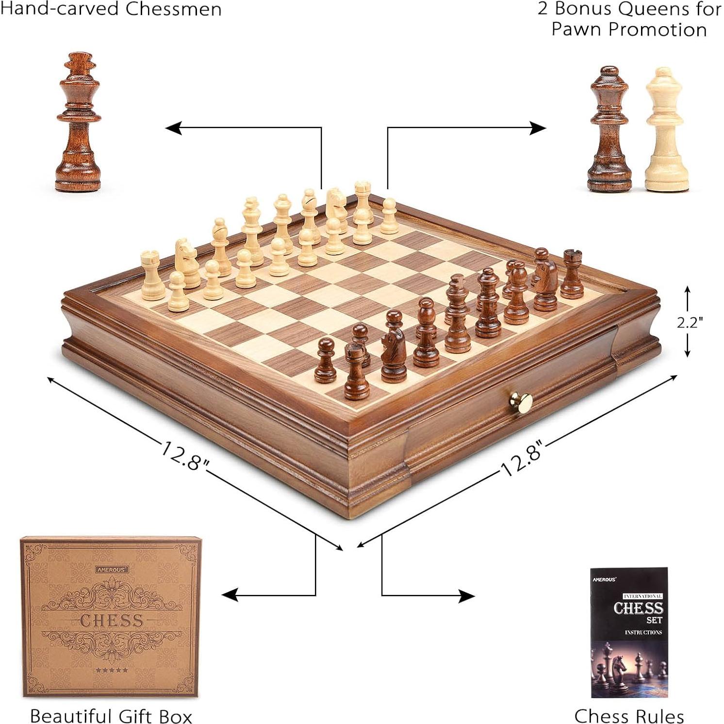 Juego de Ajedrez Magnético de Madera AMEROUS 12.8 cm con Almacenamiento