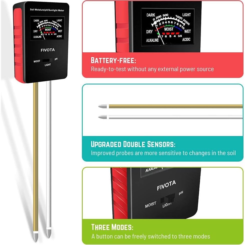 Medidor de pH del Suelo Fivota FV03 con Pantalla Grande 3 en 1