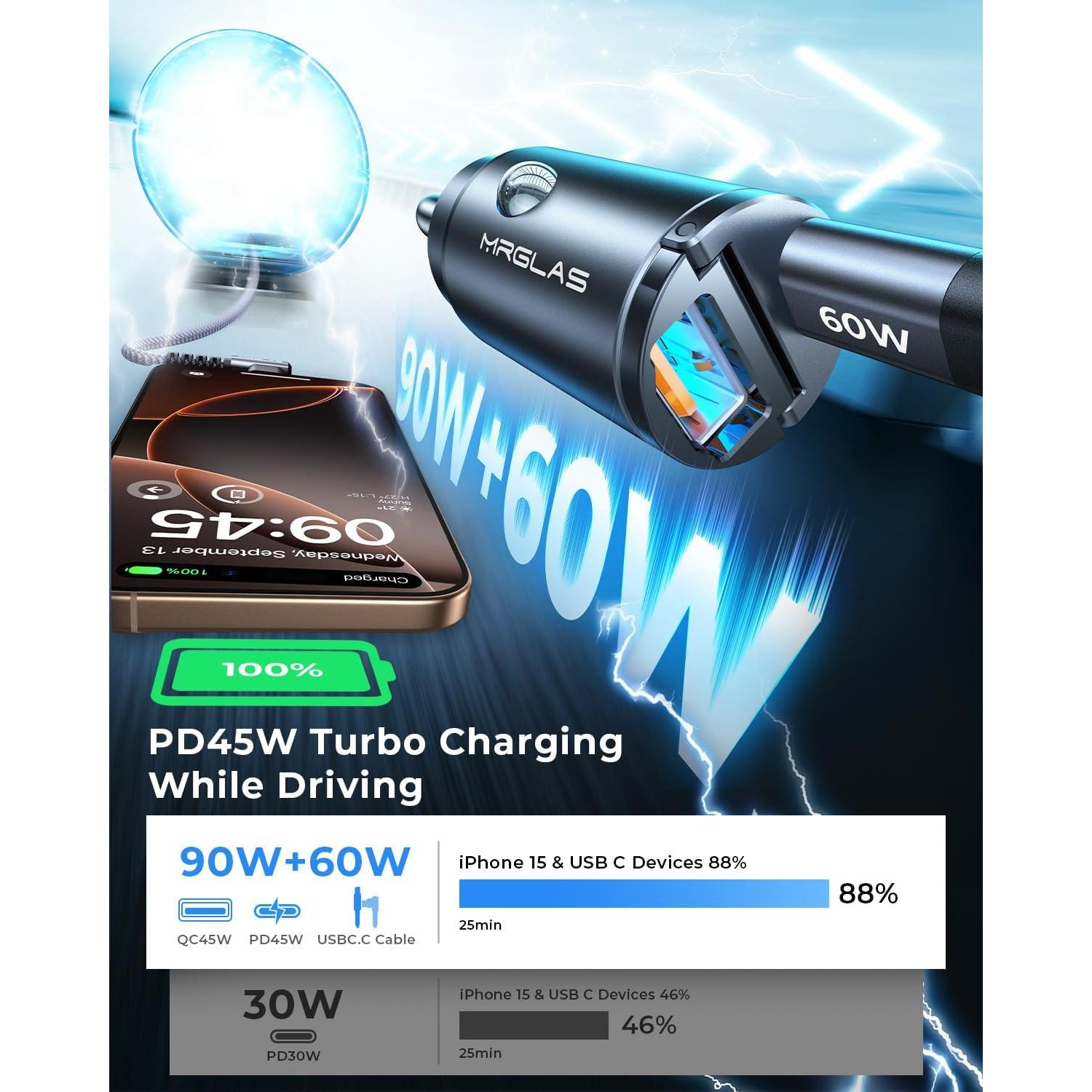 Cargador de coche MRGLAS 90W USB C Rápido con Cable 1m