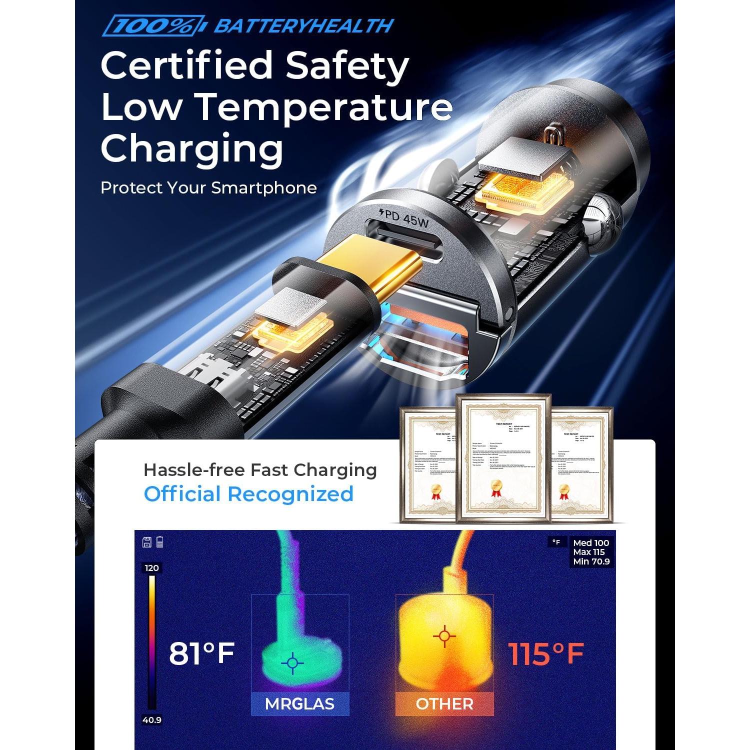 Cargador de coche MRGLAS 90W USB C Rápido con Cable 1m