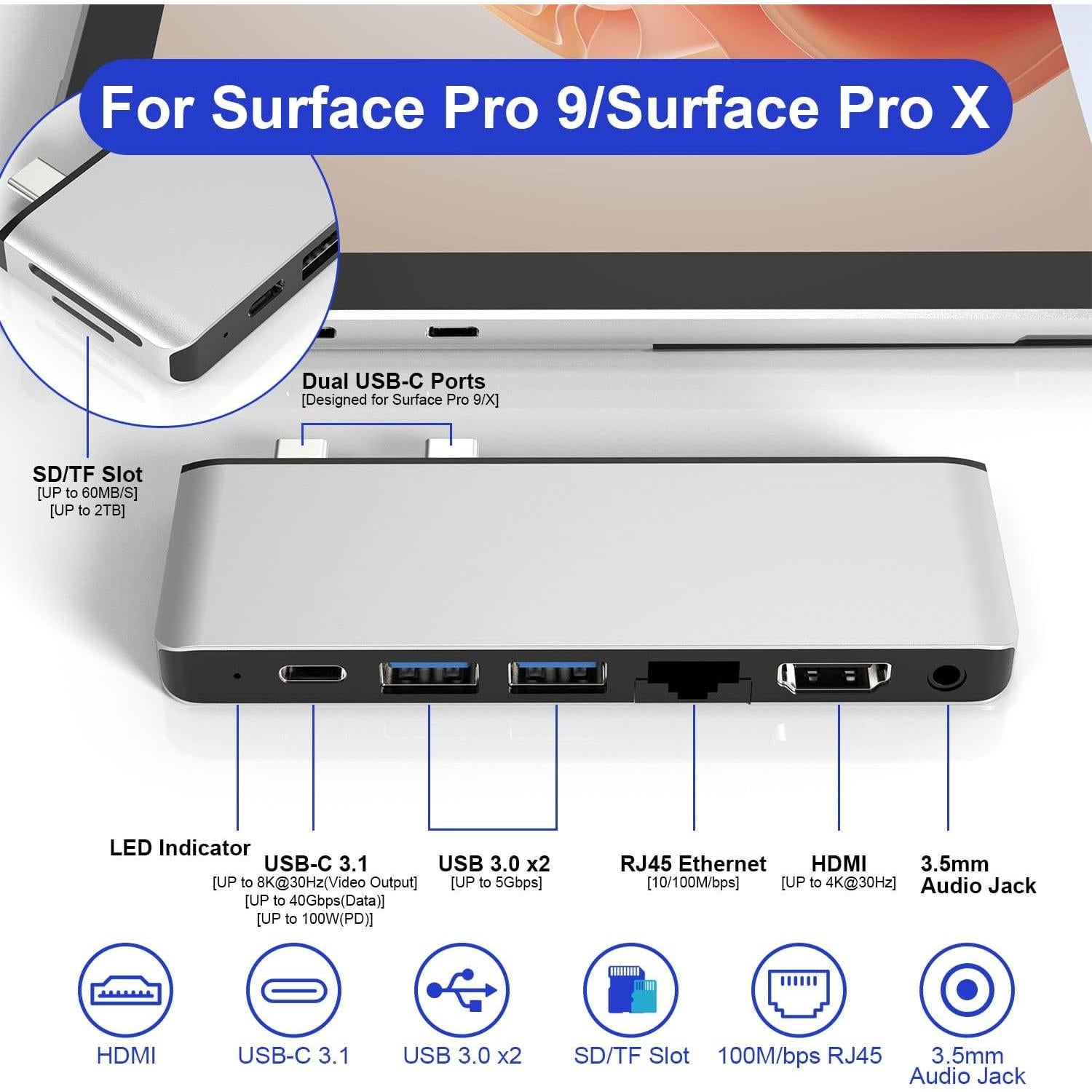 Hub USB de Acoplamiento para Surface Pro 9/11 - 8 Puertos 4K