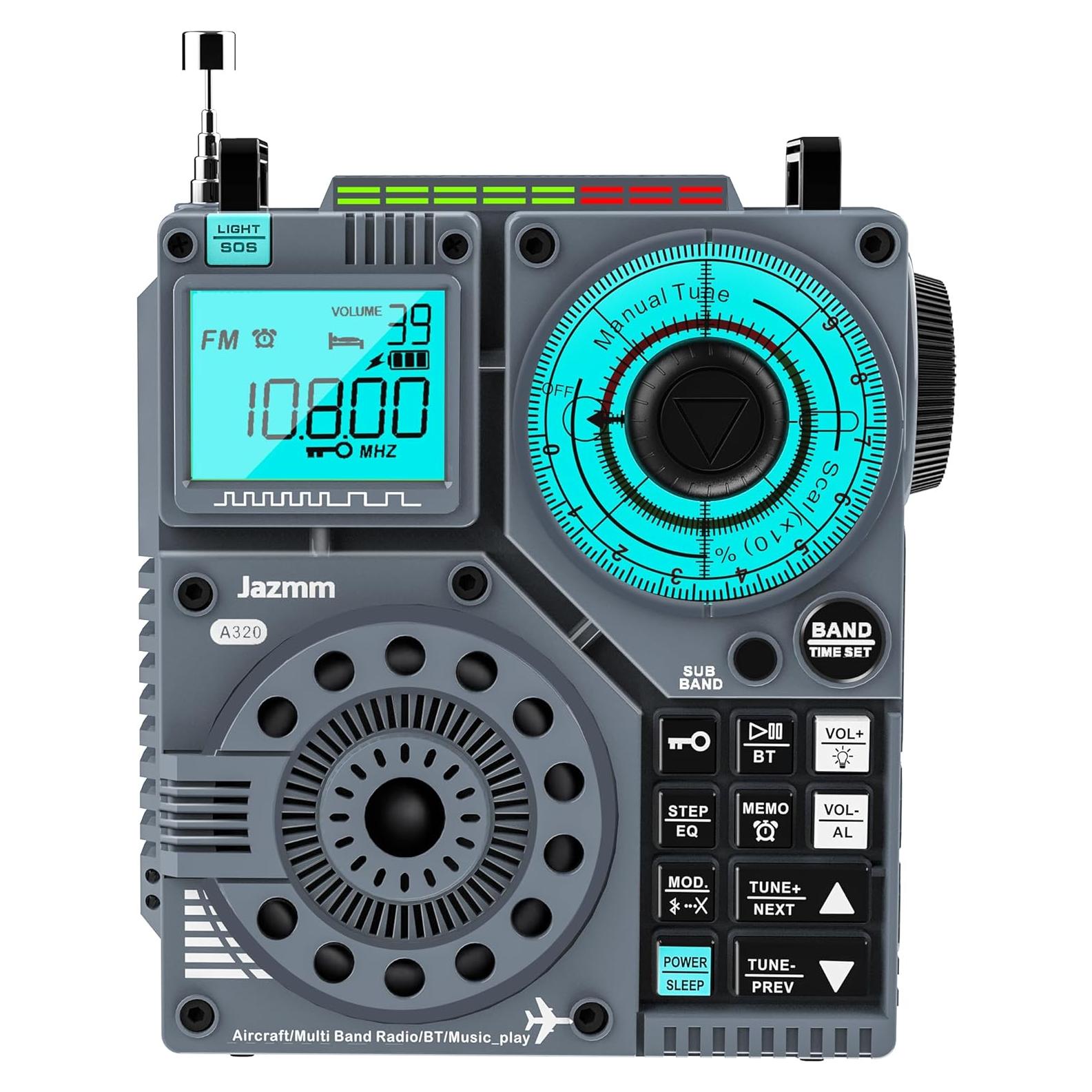 Portable Shortwave Radio with 5W Bass Sound, AIR/AM/FM/VHF/SW/WB Worldband Radio with Bluetooth and APP Control, 2000mAh Rechargeable Battery with 9.85 Ft Wire Antenna,Flashlight,Recording