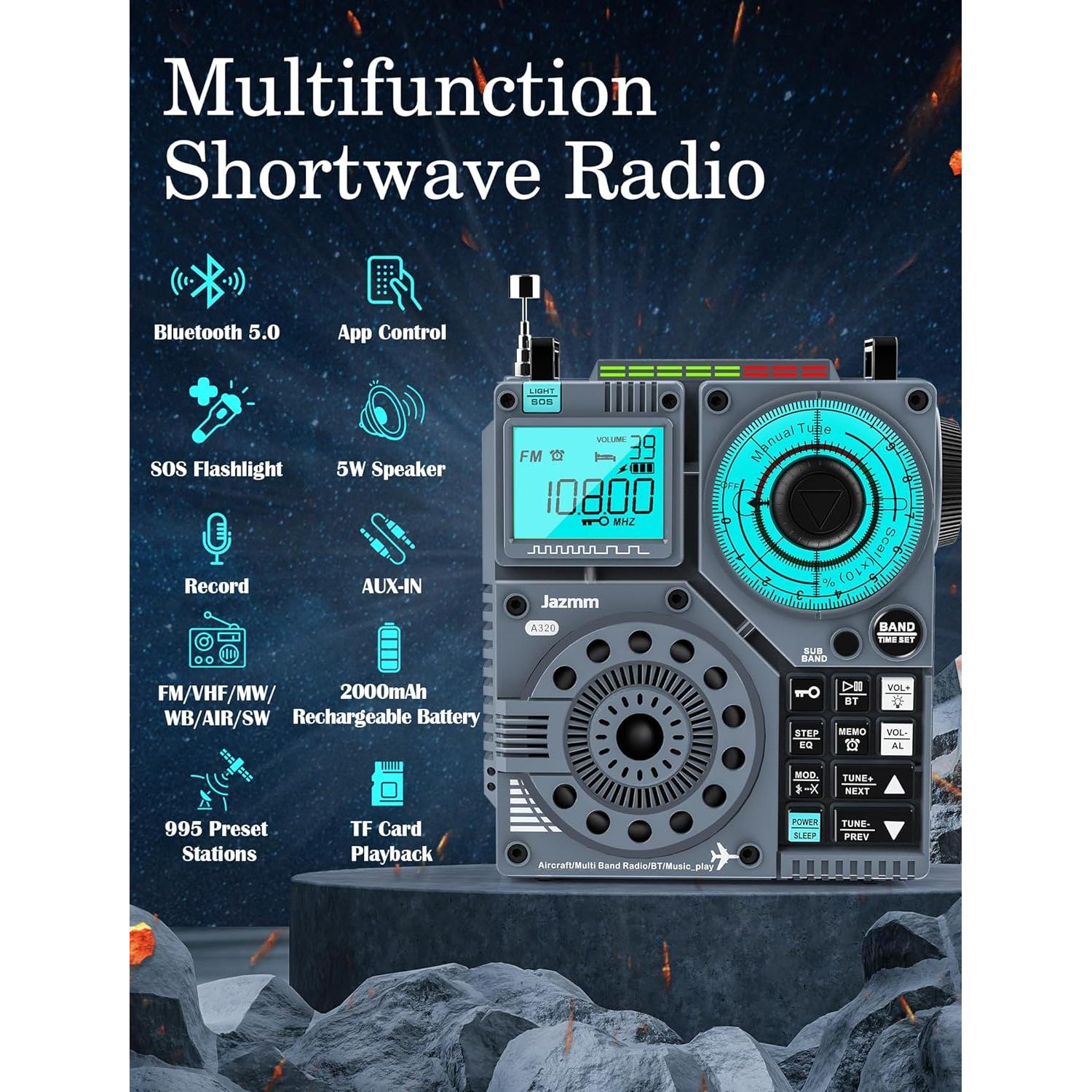 Portable Shortwave Radio with 5W Bass Sound, AIR/AM/FM/VHF/SW/WB Worldband Radio with Bluetooth and APP Control, 2000mAh Rechargeable Battery with 9.85 Ft Wire Antenna,Flashlight,Recording