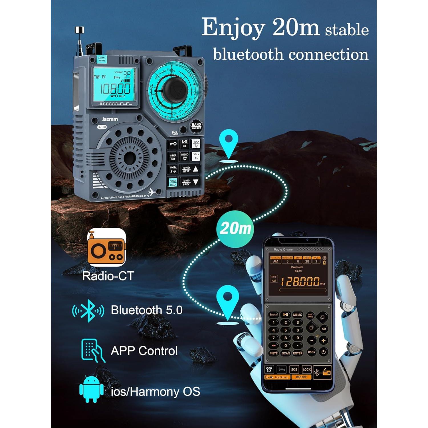 Portable Shortwave Radio with 5W Bass Sound, AIR/AM/FM/VHF/SW/WB Worldband Radio with Bluetooth and APP Control, 2000mAh Rechargeable Battery with 9.85 Ft Wire Antenna,Flashlight,Recording