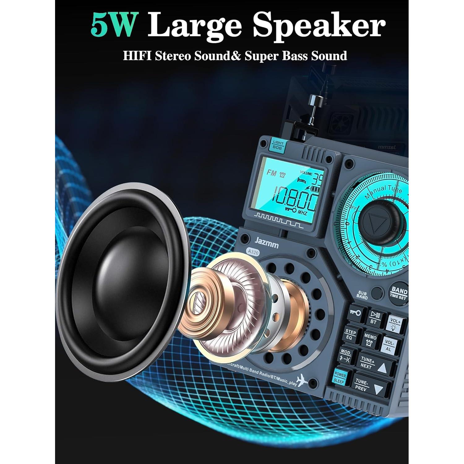 Portable Shortwave Radio with 5W Bass Sound, AIR/AM/FM/VHF/SW/WB Worldband Radio with Bluetooth and APP Control, 2000mAh Rechargeable Battery with 9.85 Ft Wire Antenna,Flashlight,Recording