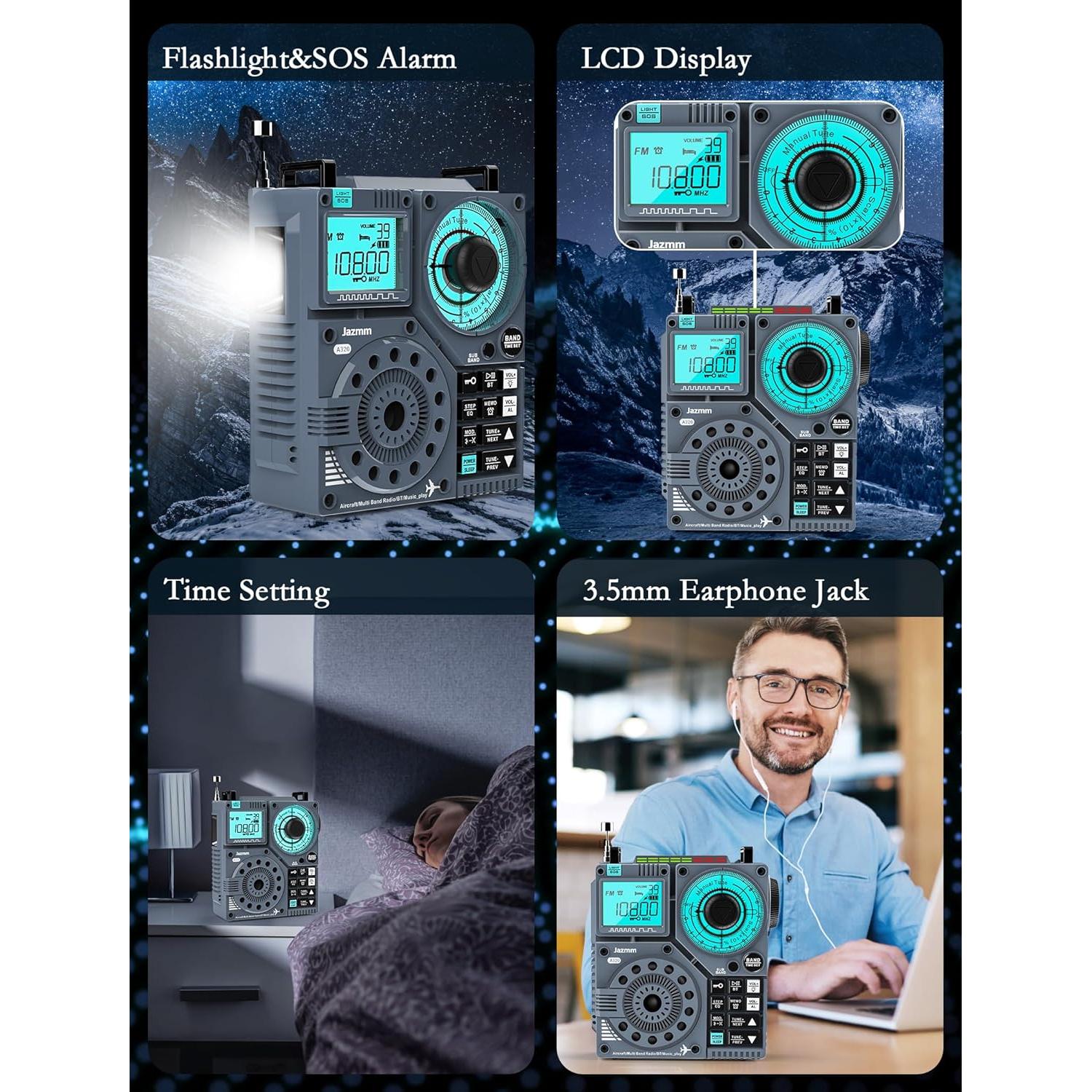 Portable Shortwave Radio with 5W Bass Sound, AIR/AM/FM/VHF/SW/WB Worldband Radio with Bluetooth and APP Control, 2000mAh Rechargeable Battery with 9.85 Ft Wire Antenna,Flashlight,Recording