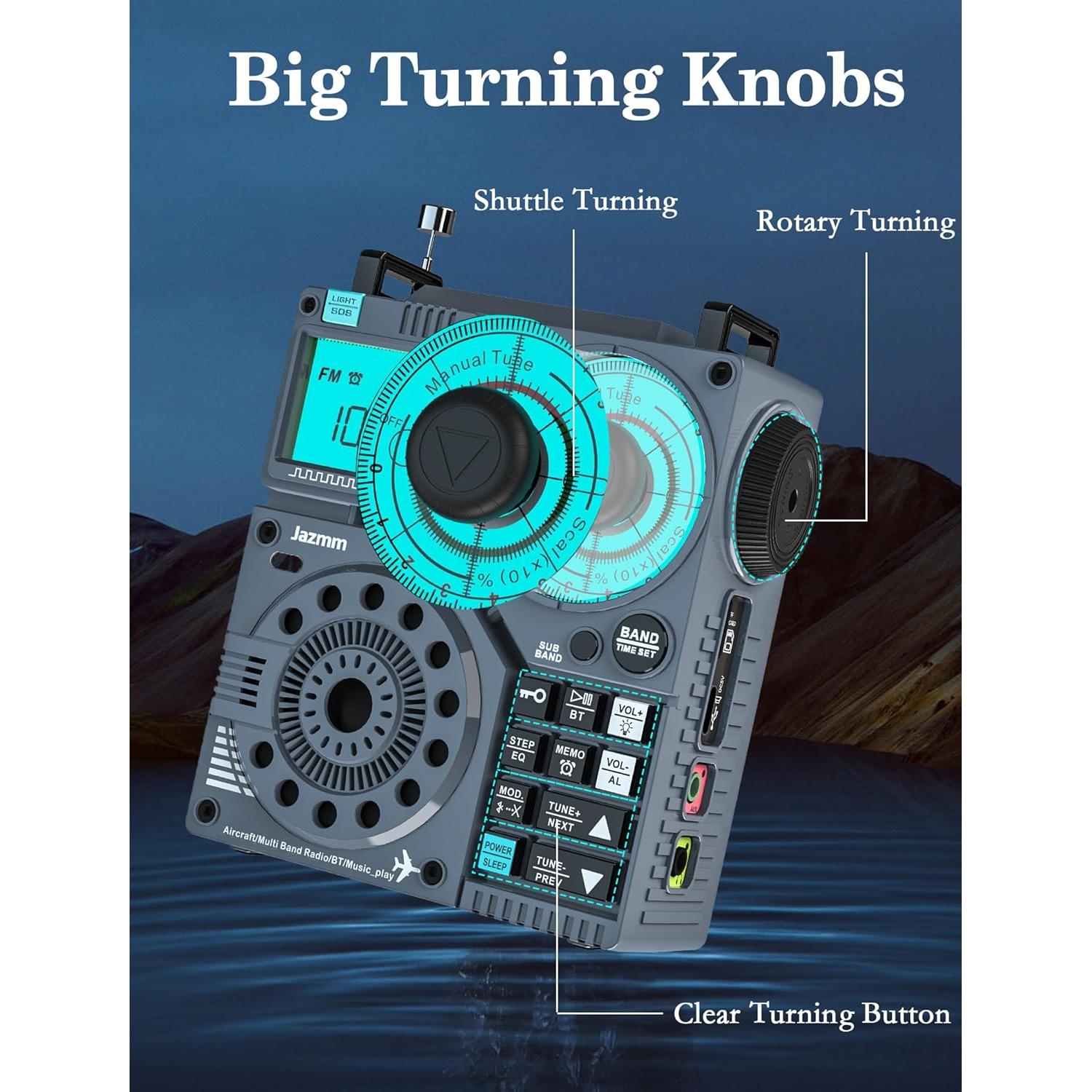 Portable Shortwave Radio with 5W Bass Sound, AIR/AM/FM/VHF/SW/WB Worldband Radio with Bluetooth and APP Control, 2000mAh Rechargeable Battery with 9.85 Ft Wire Antenna,Flashlight,Recording