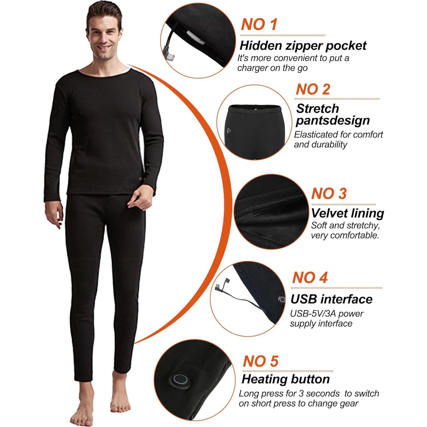 Conjunto Ropa Interior Térmica Eléctrica Hombre TRUNYAQI XXL Negro