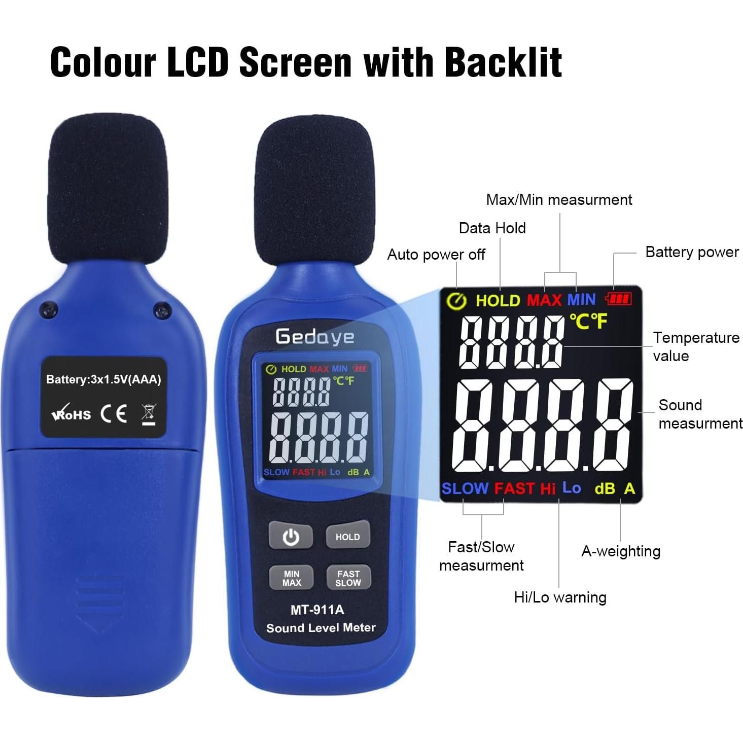 Medidor de Decibelios Gedaye MT-911 SPL Portátil LCD