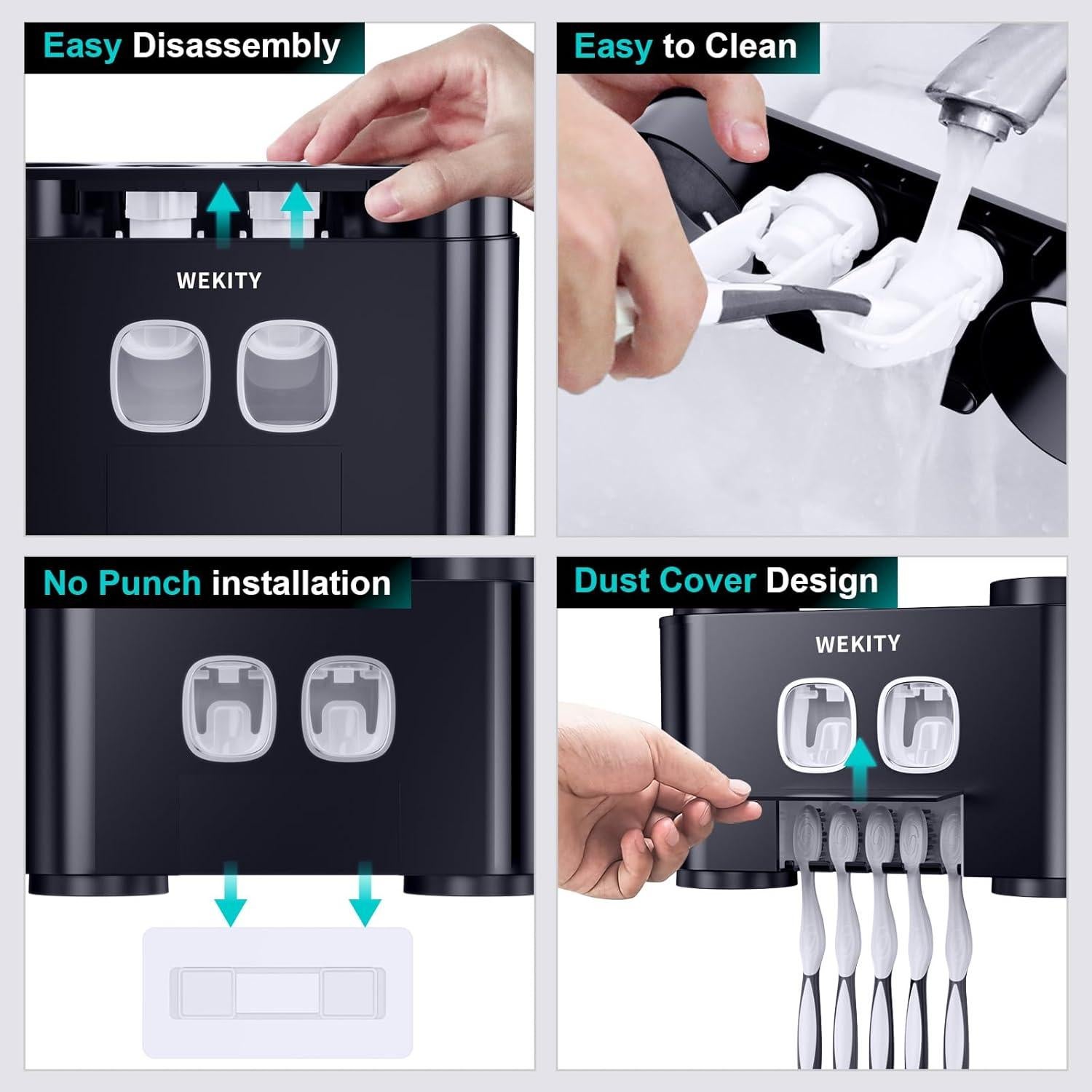 Soporte para Cepillos de Dientes Wekity Negro con Dispensador