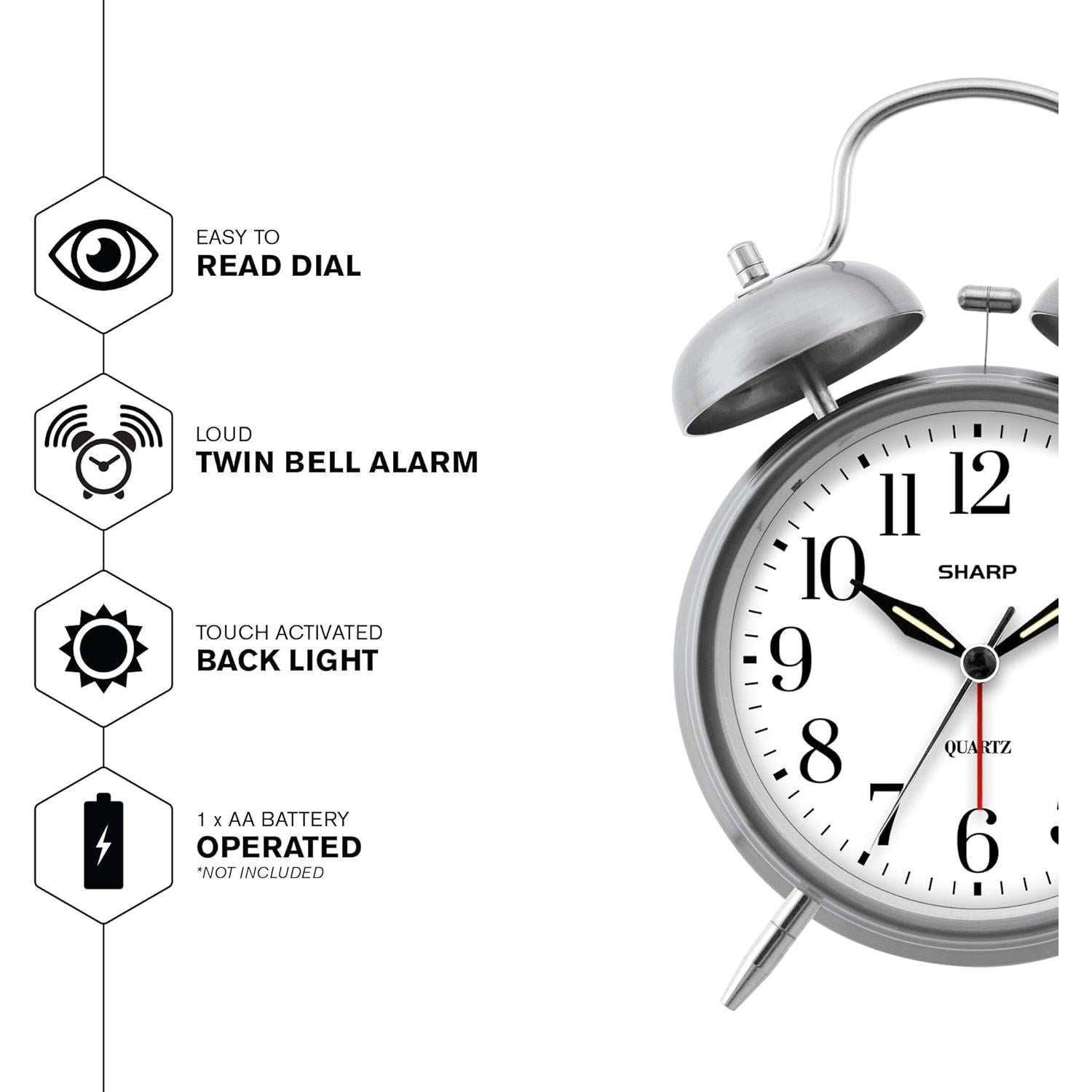 Reloj Despertador Doble Campana Sharp Cuarzo Analógico Plata