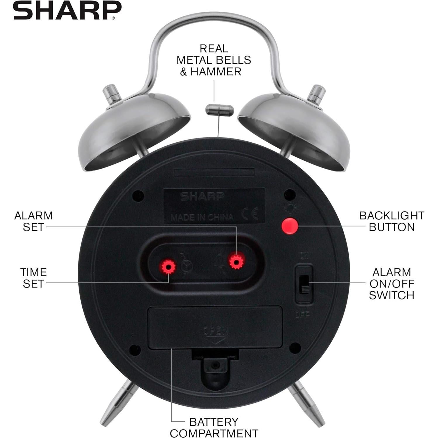Reloj Despertador Doble Campana Sharp Cuarzo Analógico Plata