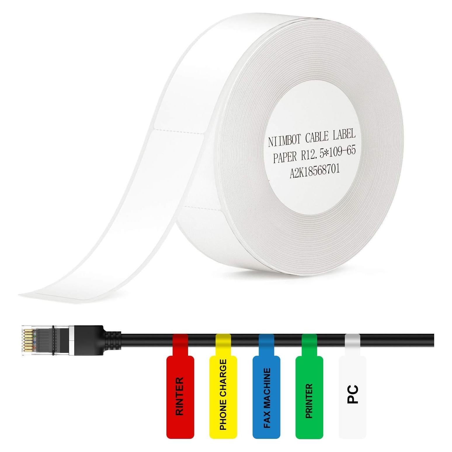 NIIMBOT Thermal Label Maker Paper 0.5" 4.3" Stickers Waterproof Tear-Resistant Replacement for D11/D110 Label Printer Office&Home Cable 65 Labels/Roll (White)