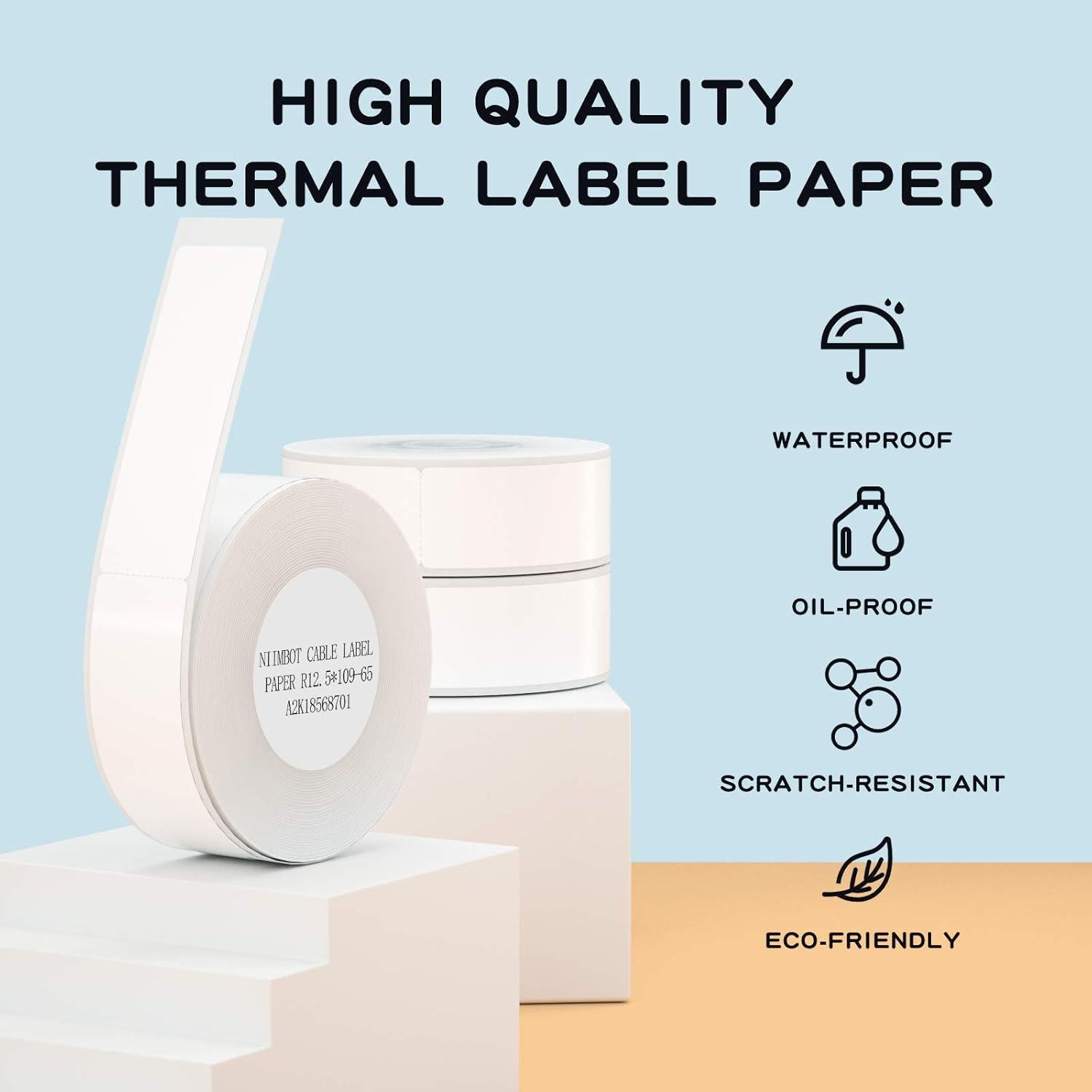 NIIMBOT Thermal Label Maker Paper 0.5" 4.3" Stickers Waterproof Tear-Resistant Replacement for D11/D110 Label Printer Office&Home Cable 65 Labels/Roll (White)