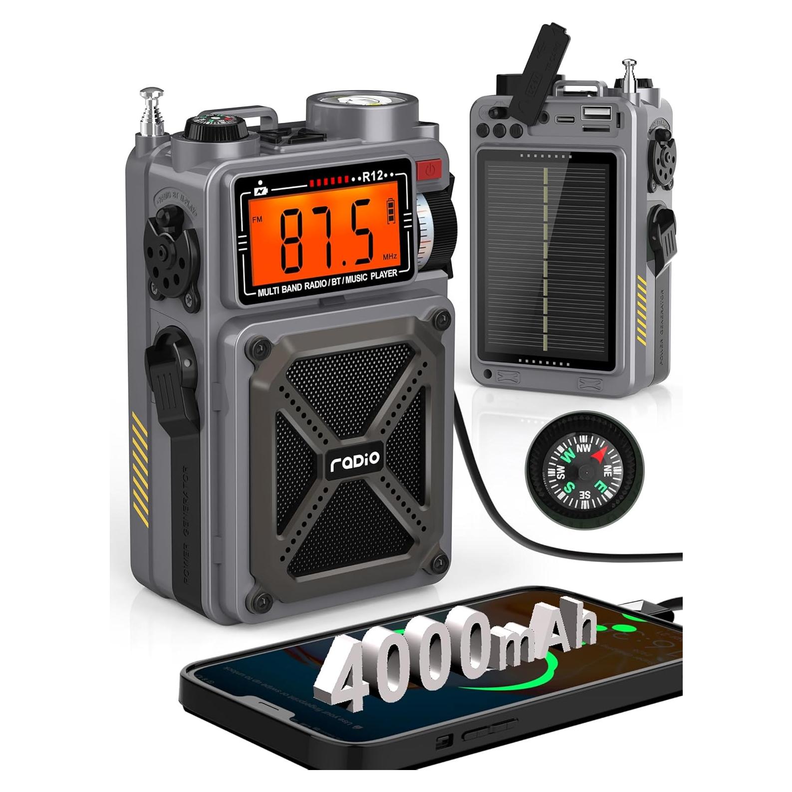 Digital Shortwave Radio with Bluetooth 5.4,AM/FM/SW with NOAA Weather Alert, 4000mAh Emergency Radio Hand Crank Solar,5W Speaker/SOS/Flashlight/Support SD Card USB MP3 Player for Emergency