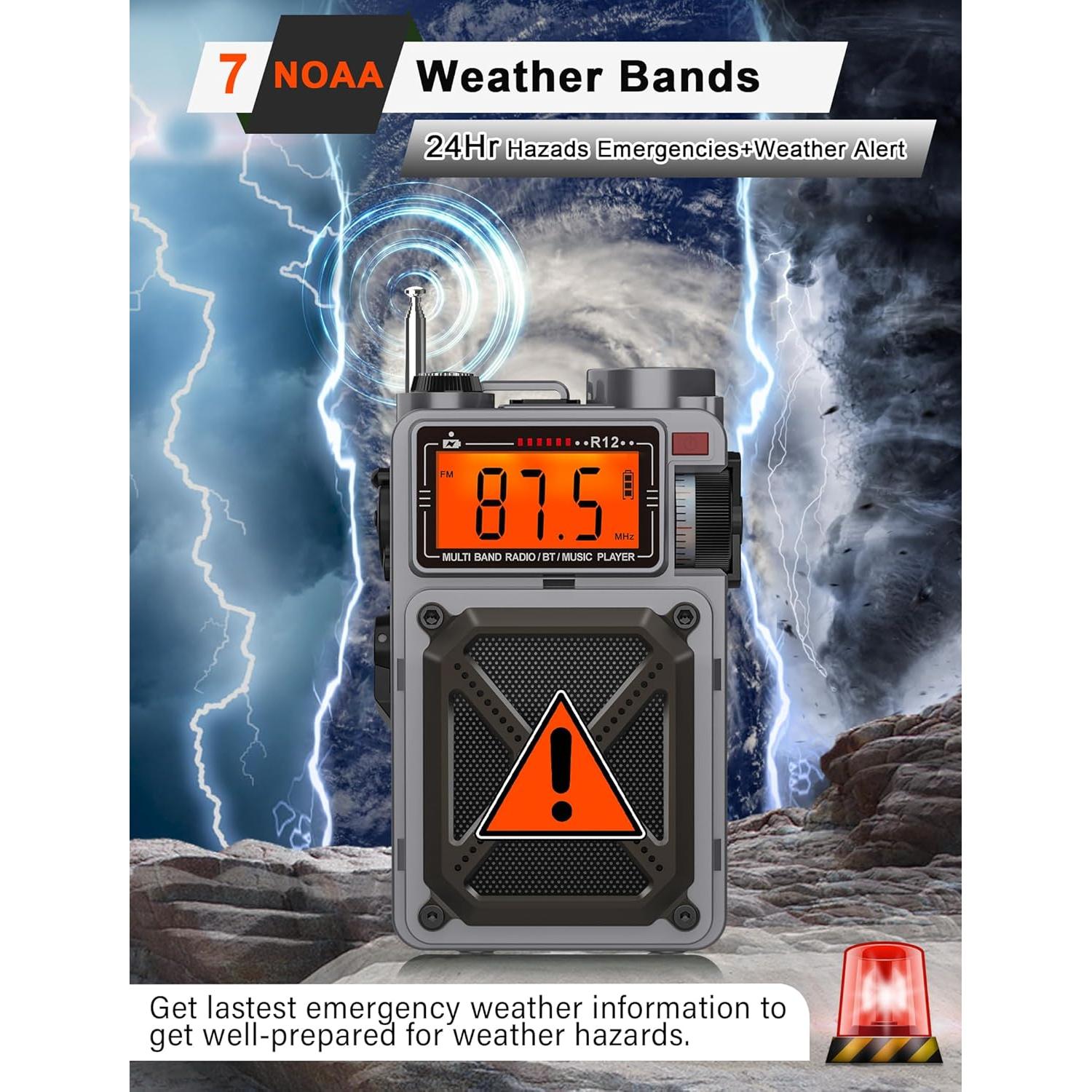 Digital Shortwave Radio with Bluetooth 5.4,AM/FM/SW with NOAA Weather Alert, 4000mAh Emergency Radio Hand Crank Solar,5W Speaker/SOS/Flashlight/Support SD Card USB MP3 Player for Emergency