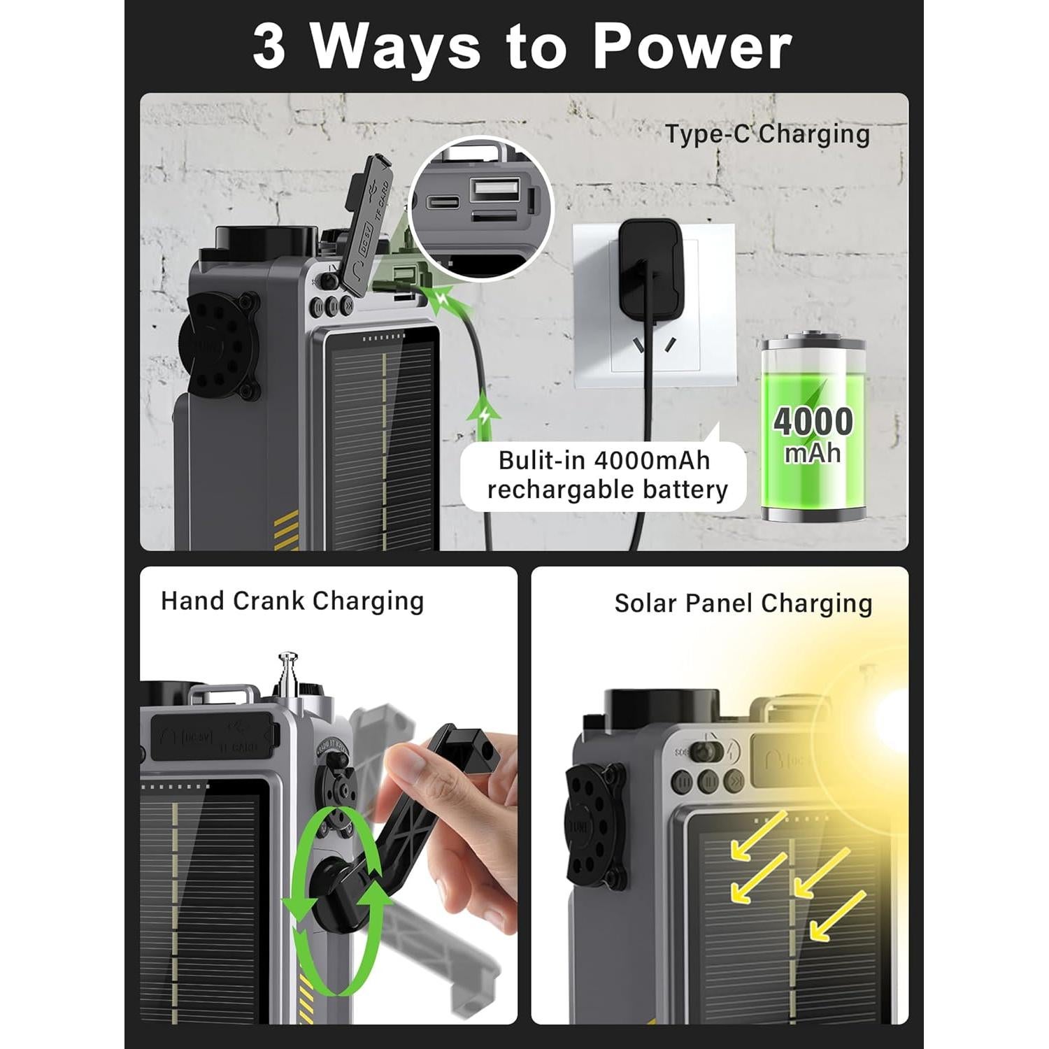 Digital Shortwave Radio with Bluetooth 5.4,AM/FM/SW with NOAA Weather Alert, 4000mAh Emergency Radio Hand Crank Solar,5W Speaker/SOS/Flashlight/Support SD Card USB MP3 Player for Emergency