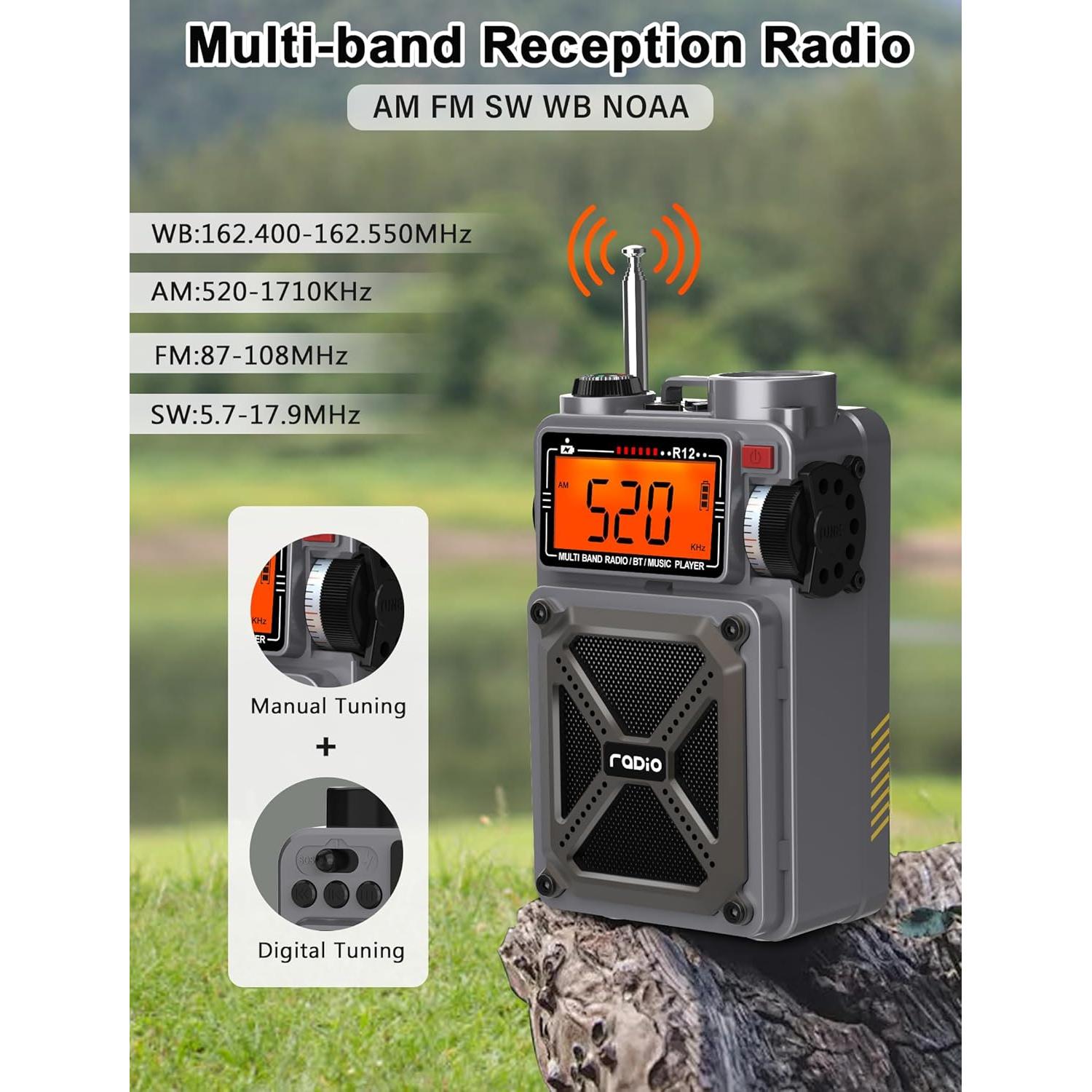 Digital Shortwave Radio with Bluetooth 5.4,AM/FM/SW with NOAA Weather Alert, 4000mAh Emergency Radio Hand Crank Solar,5W Speaker/SOS/Flashlight/Support SD Card USB MP3 Player for Emergency