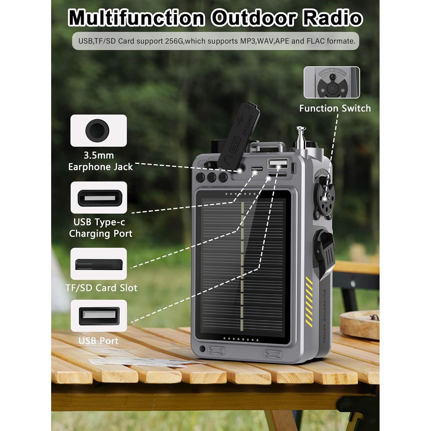 Digital Shortwave Radio with Bluetooth 5.4,AM/FM/SW with NOAA Weather Alert, 4000mAh Emergency Radio Hand Crank Solar,5W Speaker/SOS/Flashlight/Support SD Card USB MP3 Player for Emergency