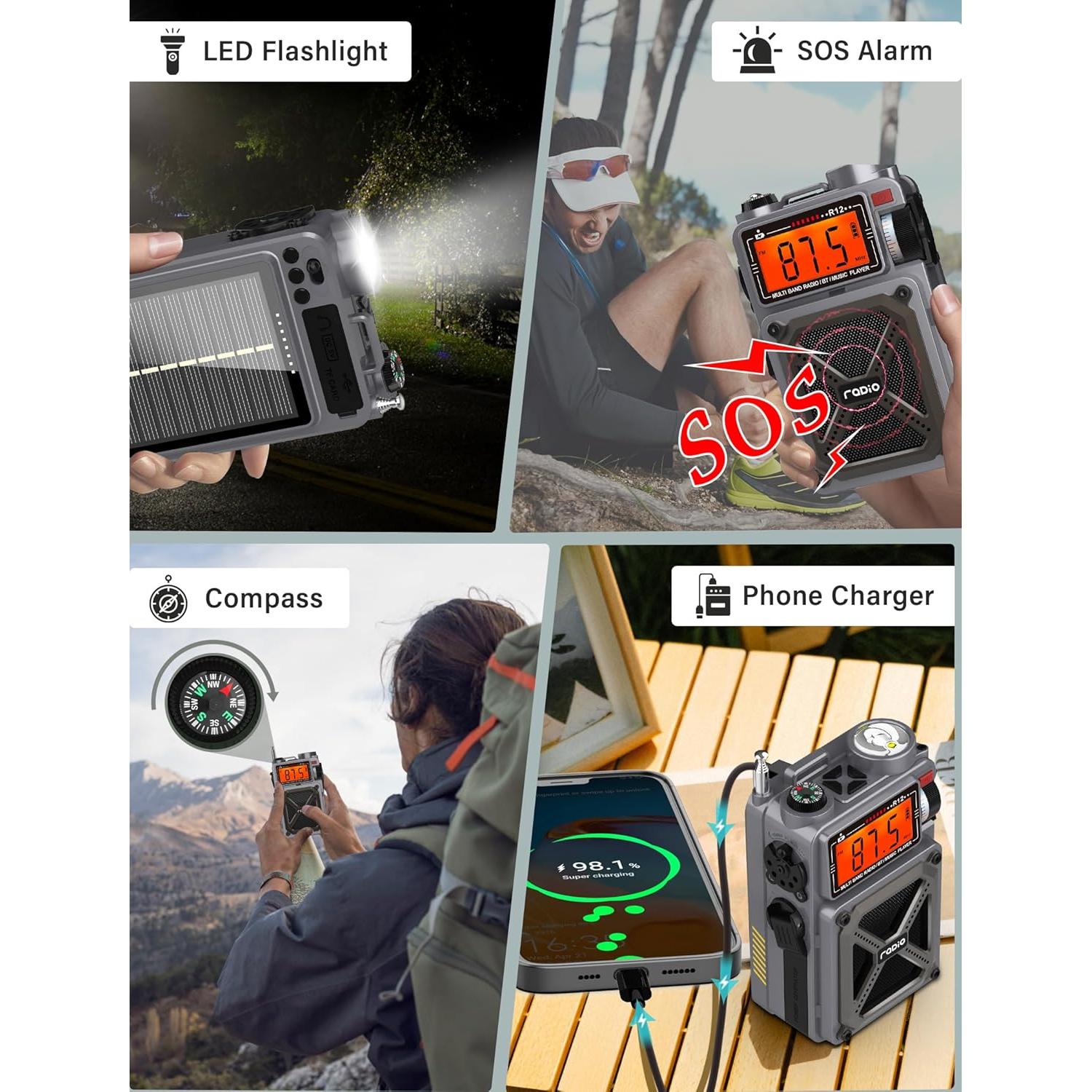 Digital Shortwave Radio with Bluetooth 5.4,AM/FM/SW with NOAA Weather Alert, 4000mAh Emergency Radio Hand Crank Solar,5W Speaker/SOS/Flashlight/Support SD Card USB MP3 Player for Emergency