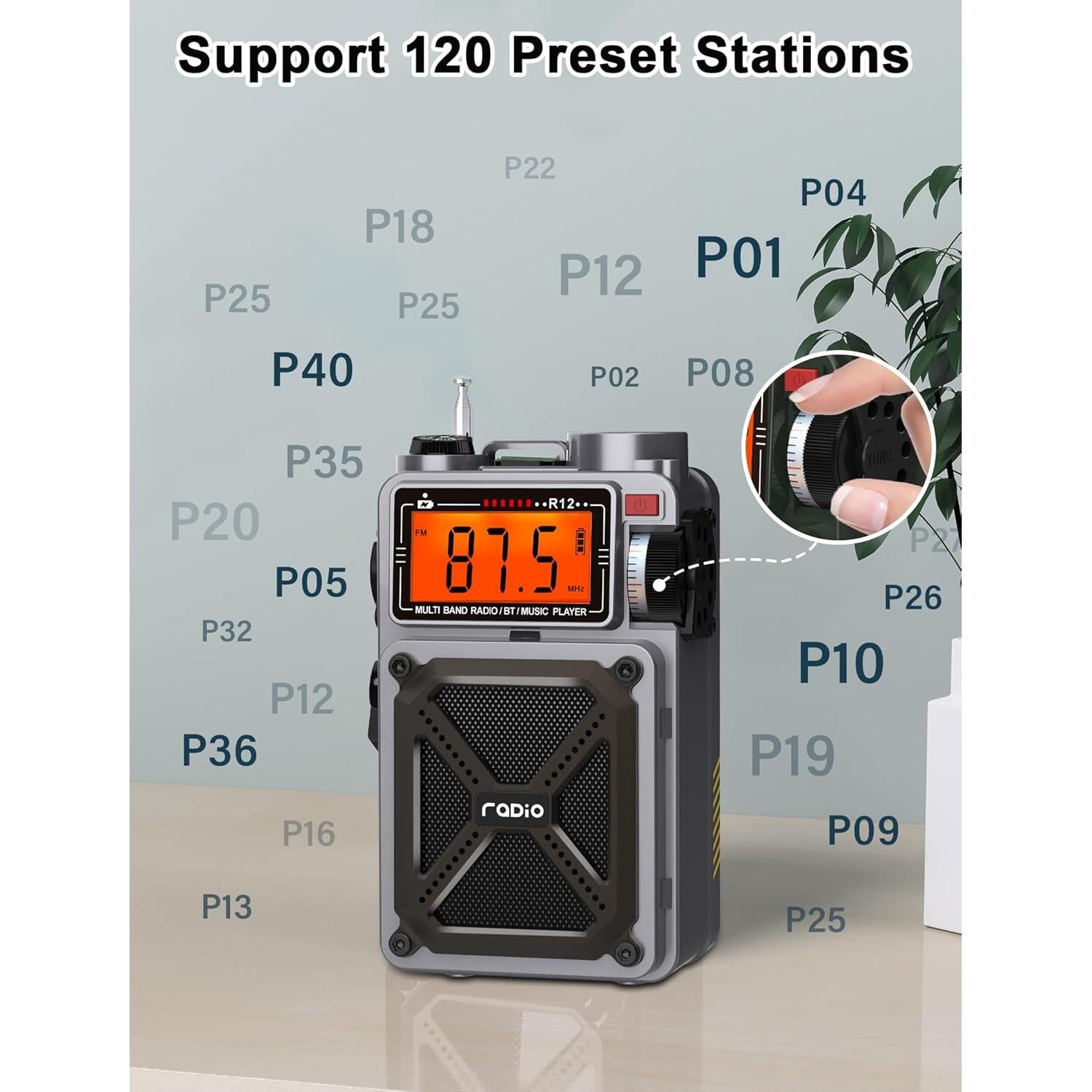 Digital Shortwave Radio with Bluetooth 5.4,AM/FM/SW with NOAA Weather Alert, 4000mAh Emergency Radio Hand Crank Solar,5W Speaker/SOS/Flashlight/Support SD Card USB MP3 Player for Emergency