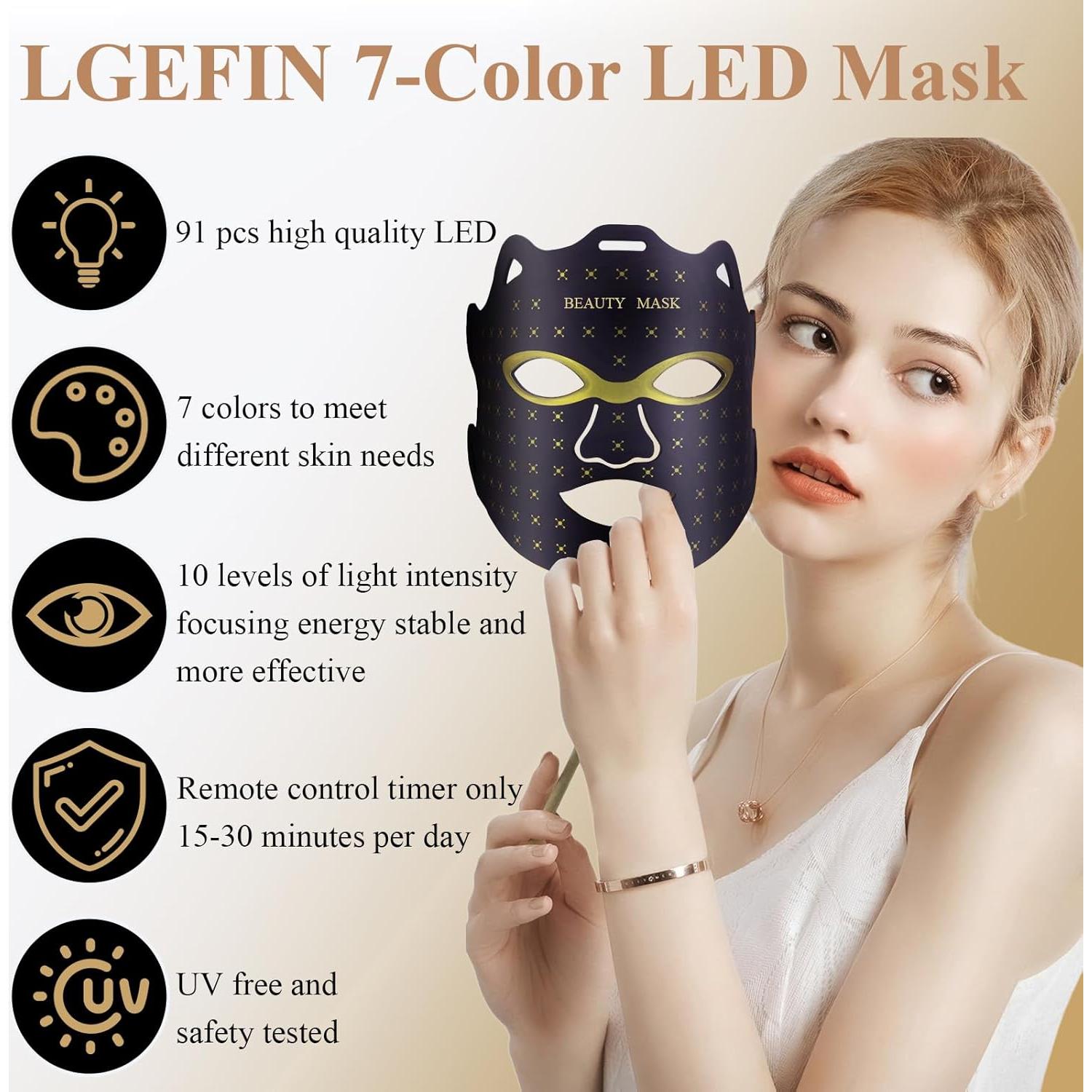 Red Light Therapy For Face,Led Face Mask Light Therapy, 7 Color Red Light Therapy Mask, Rechargeable,Portable,Household Led Face Mask (Black)