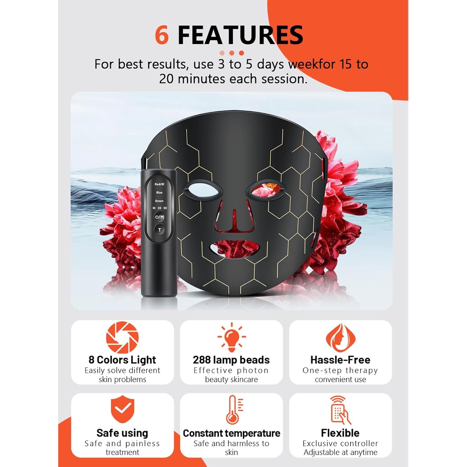 Máscara LED de Terapia de Luz Roja HDLIDODO 8 Modos 288 Lámparas