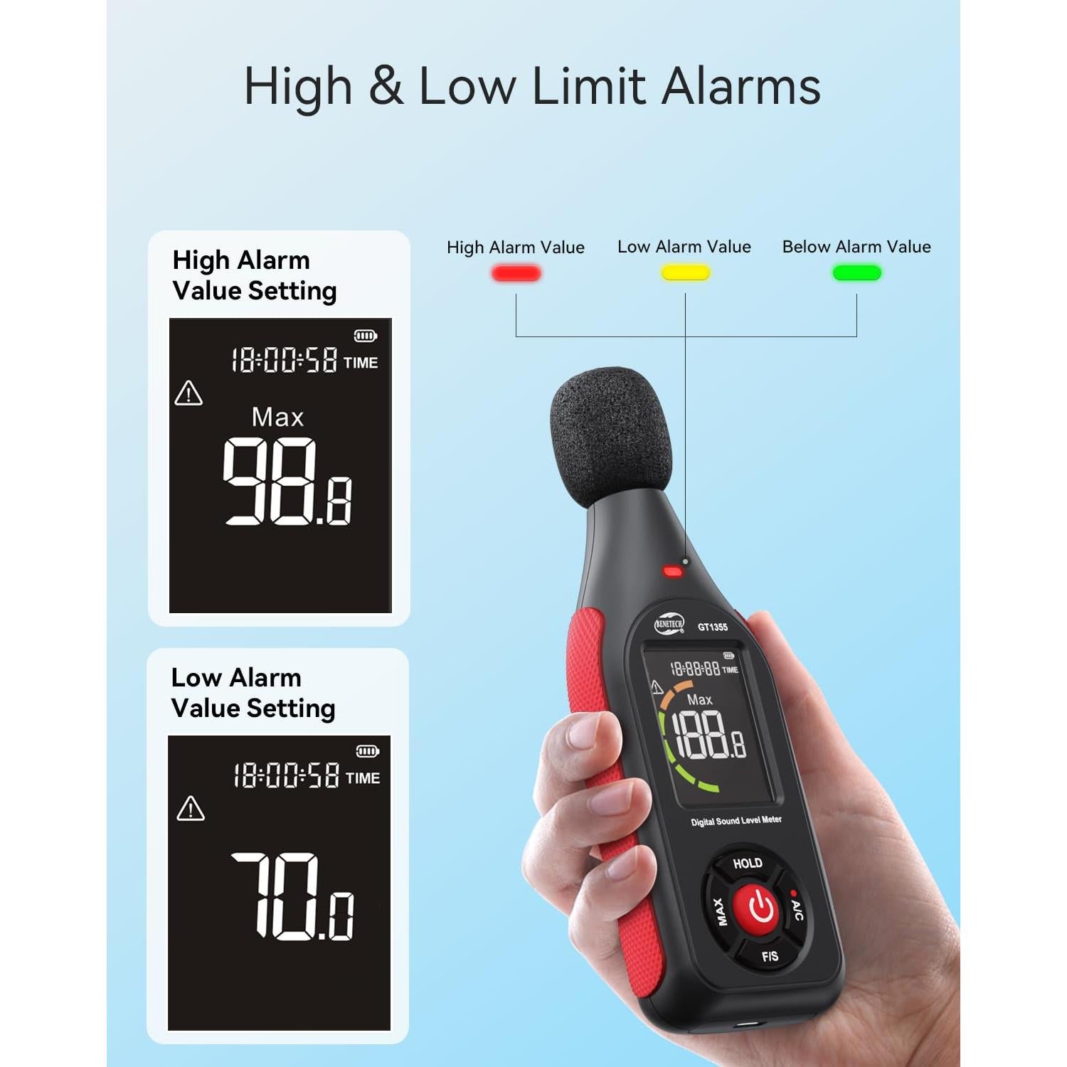 Medidor de Decibelios Benetech GT1355 SPL 30-130 dB Recargable