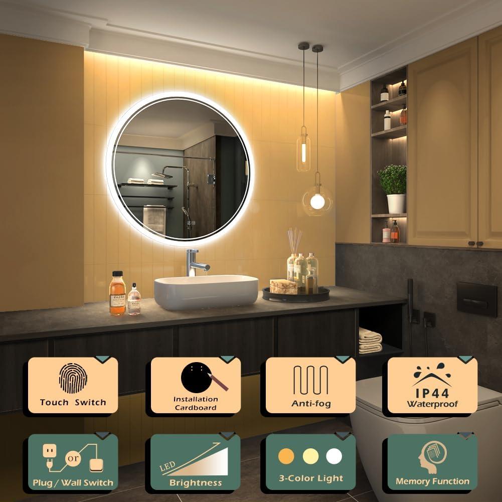 Espejo Redondo KWW con Luz LED Regulable Anti-Niebla 60 cm