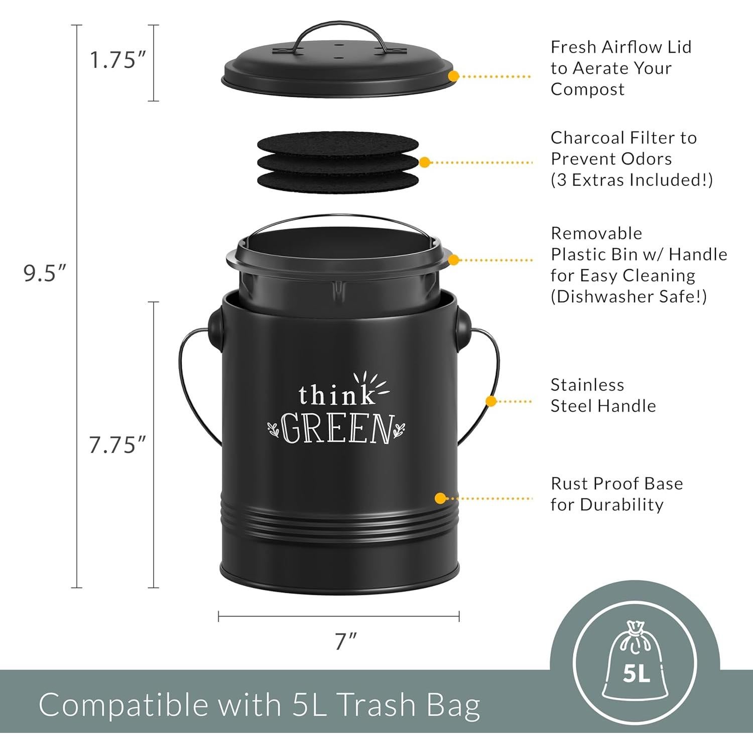 Contenedor de Compost Barnyard Designs 4.54L Negro con Filtros
