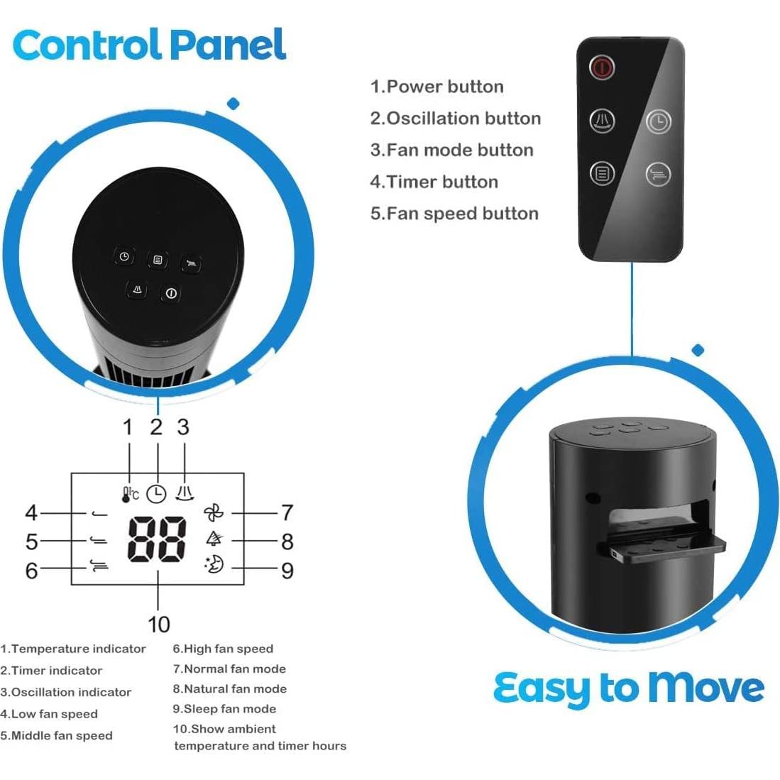 Ventilador de Torre Eléctrico Oscilante Antarctic Star 91.44 cm Negro